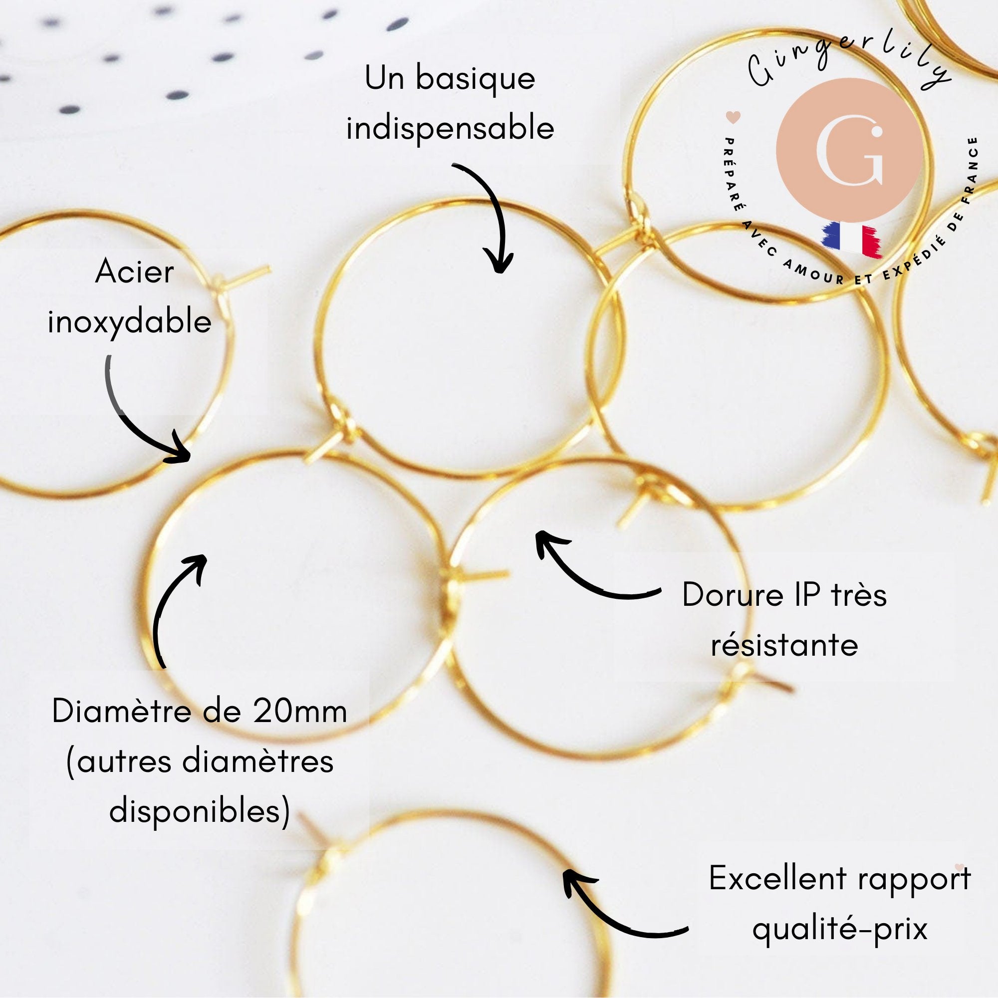 Anneau créole acier 304 doré inoxydable 20mm dorure IP, x20 ou x50 (G7703)
