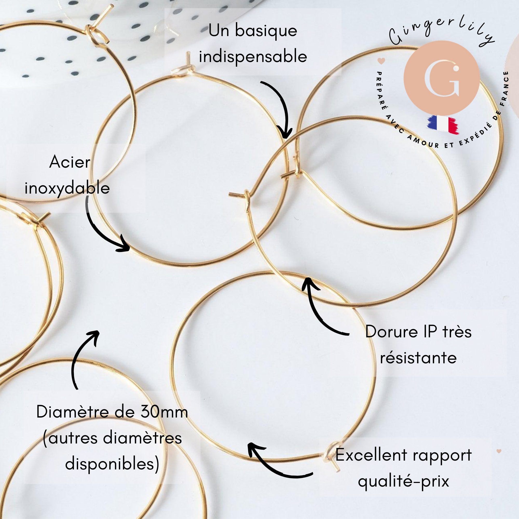Anneau créole acier 304 doré inoxydable 30mm dorure IP, x20 ou x50 (G7704)