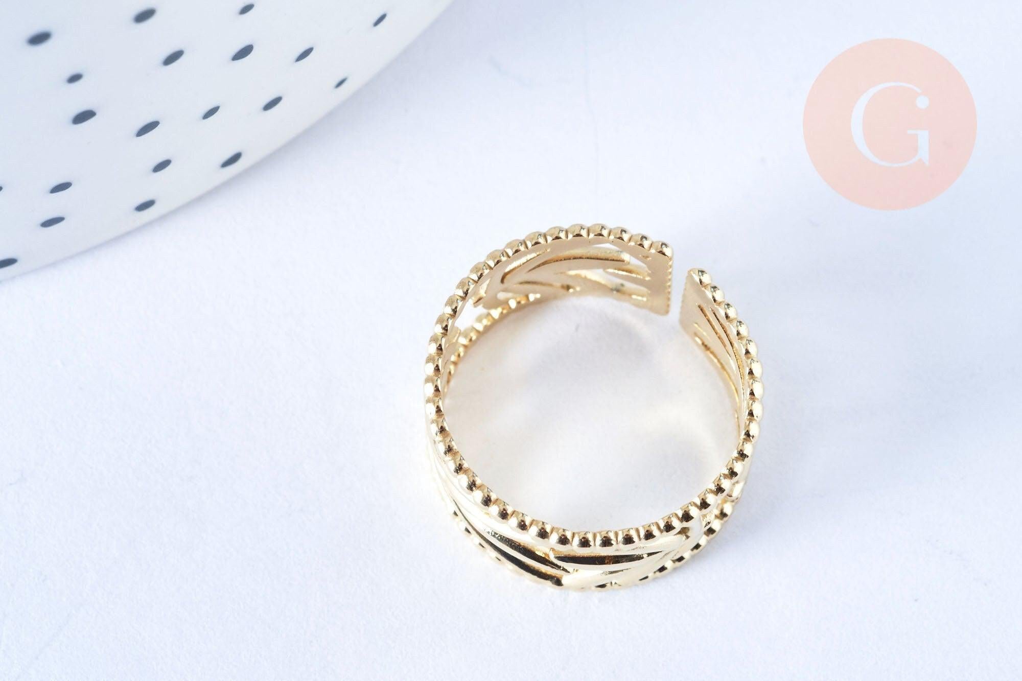 Bague réglable feuille acier doré taille 54, x1 (G6603)