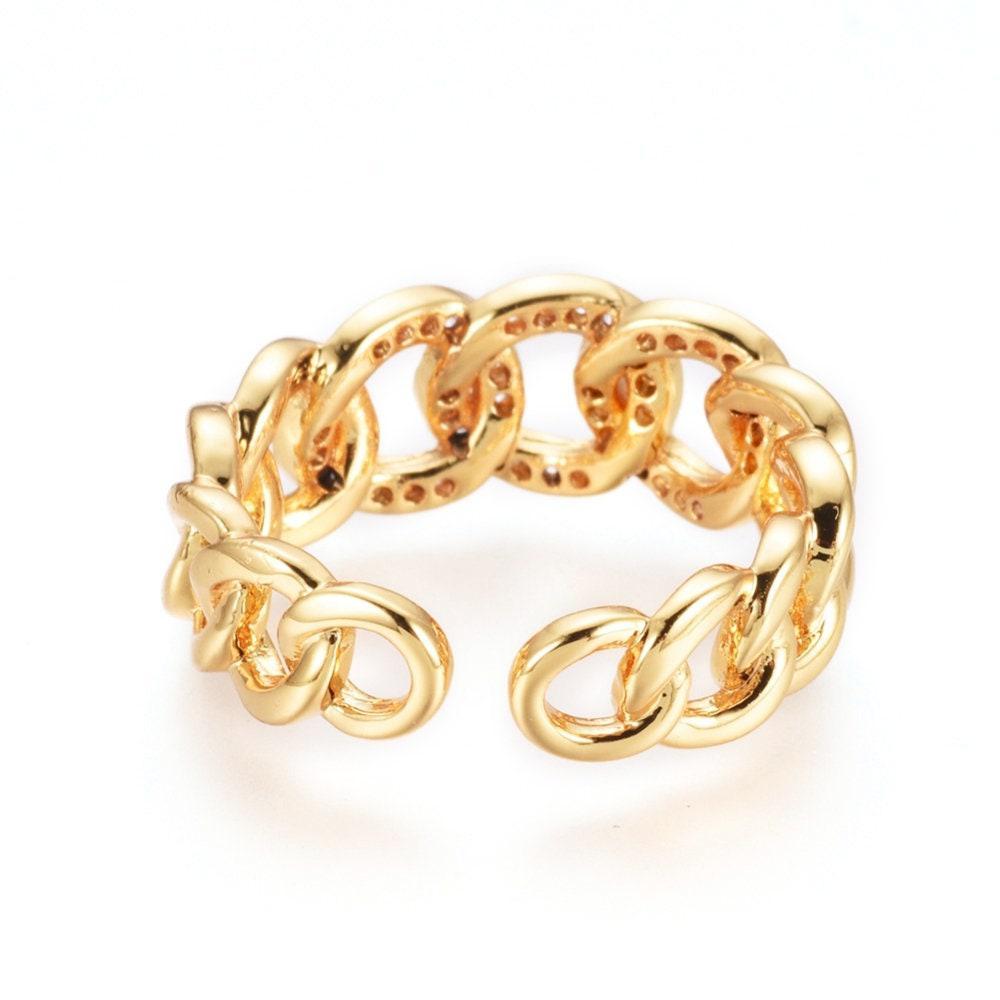 Bague réglable laiton doré chaine et zircon 16mm, x1 (G4357)