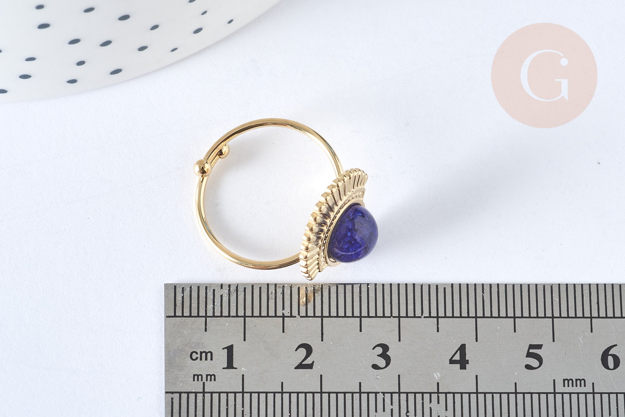 Bague réglable pierre de synthèse bleue acier inoxydable doré Taille 54, x1 (G7023)