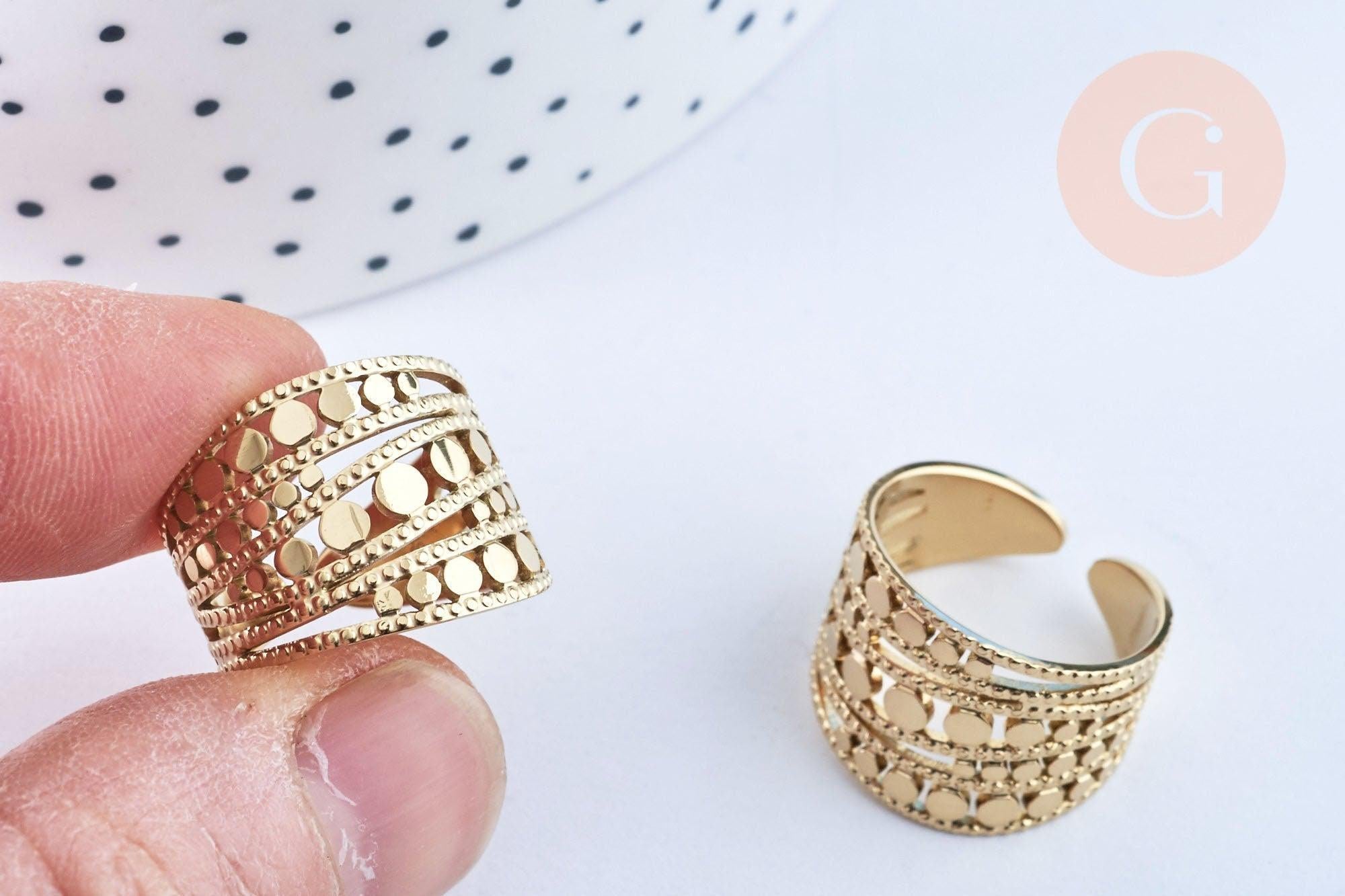 Bague réglable pois acier 304 inoxydable doré taille 54, x1 (G6569)