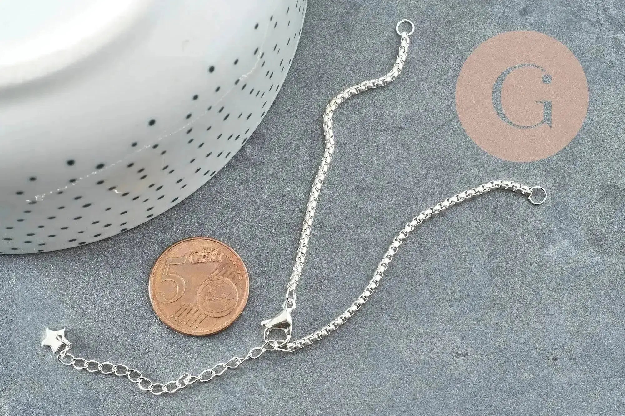 Base de bracelet chaine vénitienne acier 304 inoxydable platine 15.5cm, x1 (G9448)