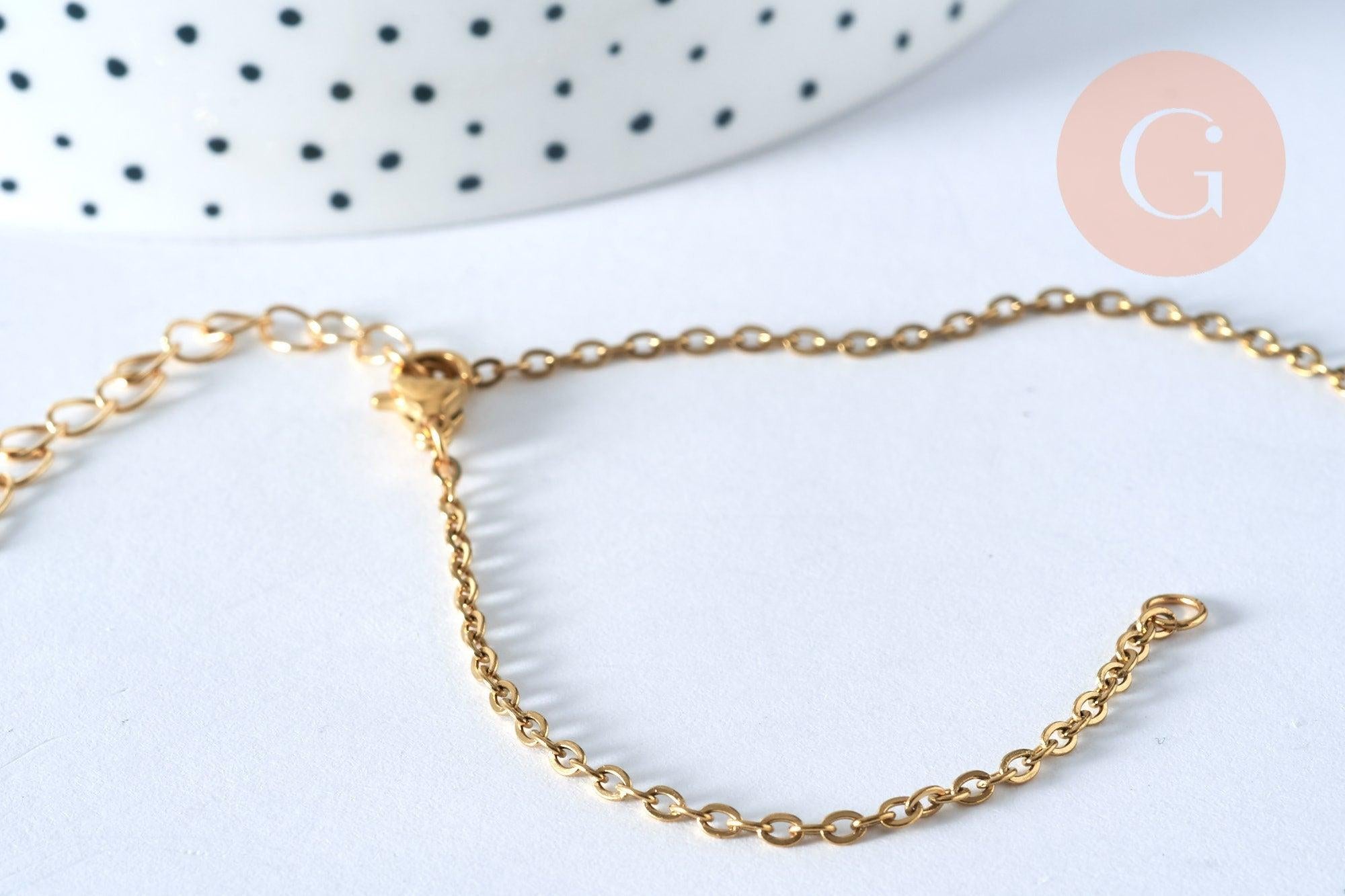 Base de bracelet fine maille acier 304 inoxydable doré 14k avec anneaux 18cm, x1 (G5436)