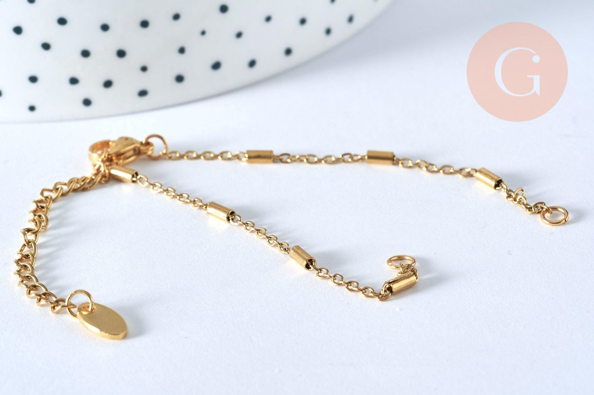Base de bracelet fine maille tube acier inoxydable 304 doré 14k avec anneaux 16mm, x1 (G4967)
