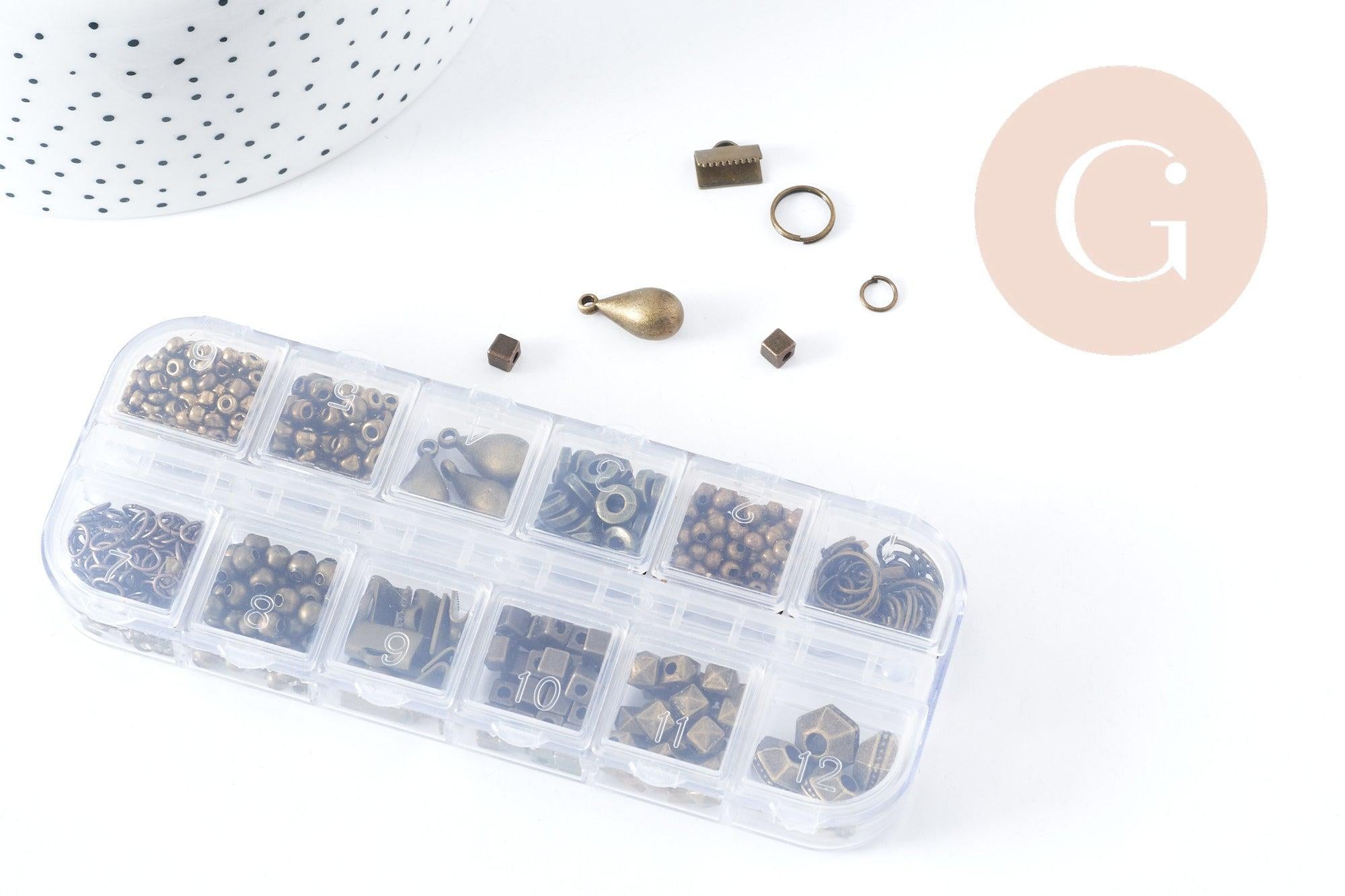 Boite Kit mix de 12 types de fournitures et perles zamac laiton Bronze, x1 (G8845)