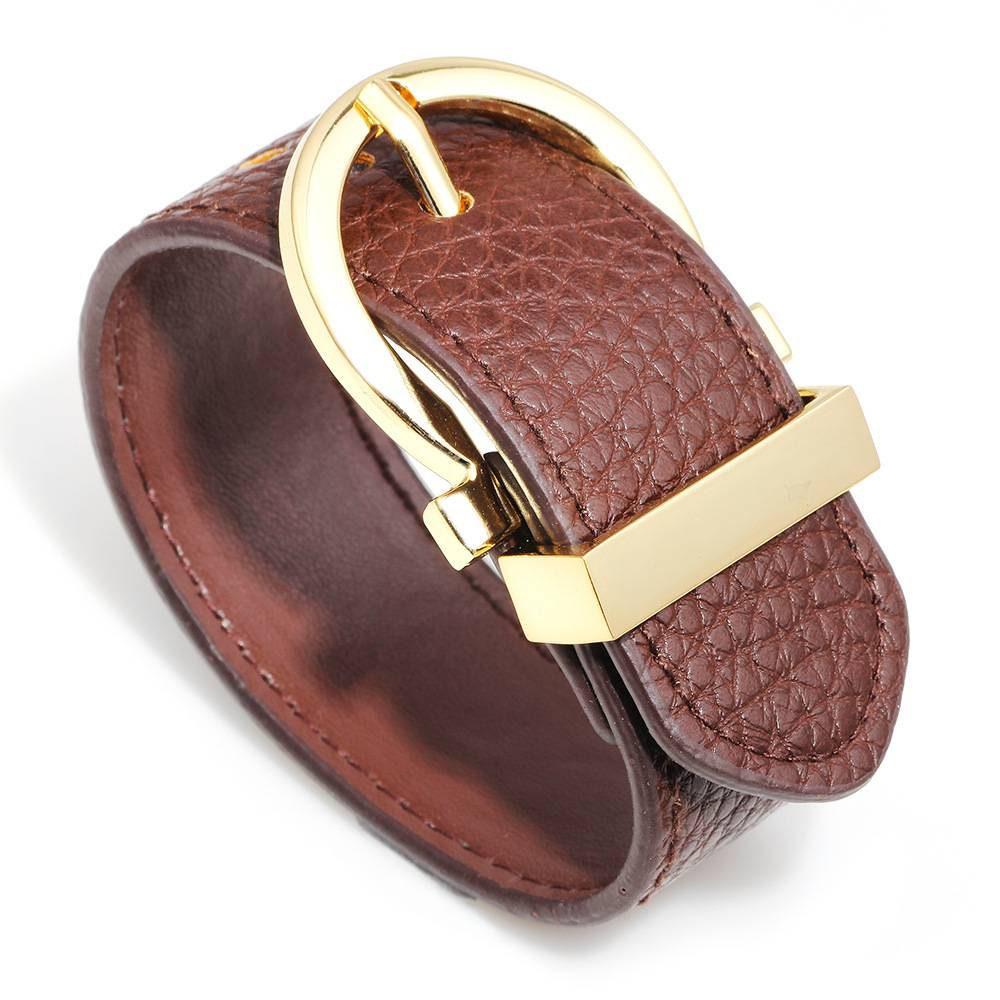 Bracelet cuir marron réglable boucle dorée 25.5mm, x1 (G8494)