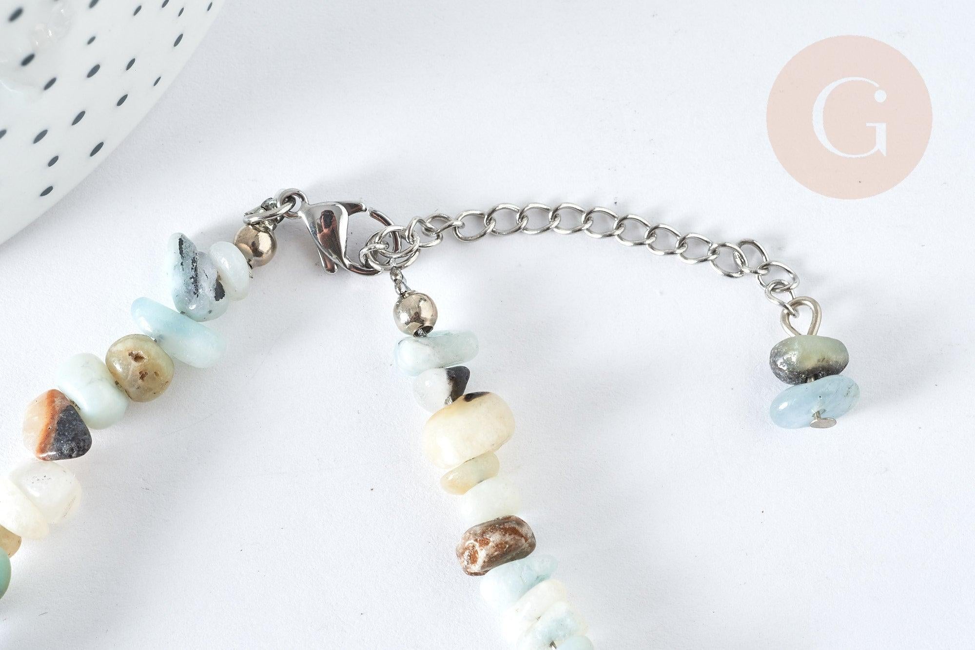 Bracelet de cheville perles amazonite naturelle laiton et acier inoxydable platine 21.5cm, x1 (G7792)