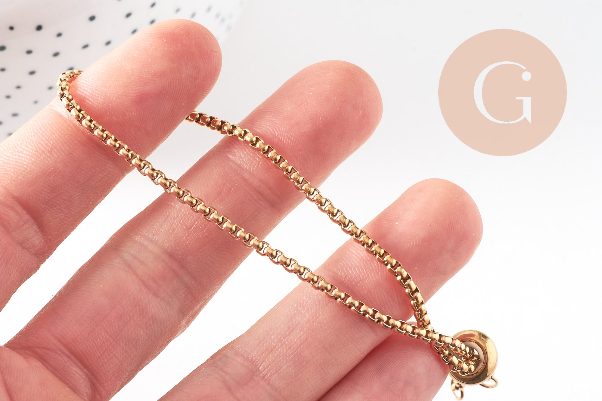 Bracelet maille rolo réglable fermoir coulissant acier inoxydable 304 doré 14k 24cm, x1 (G0188)