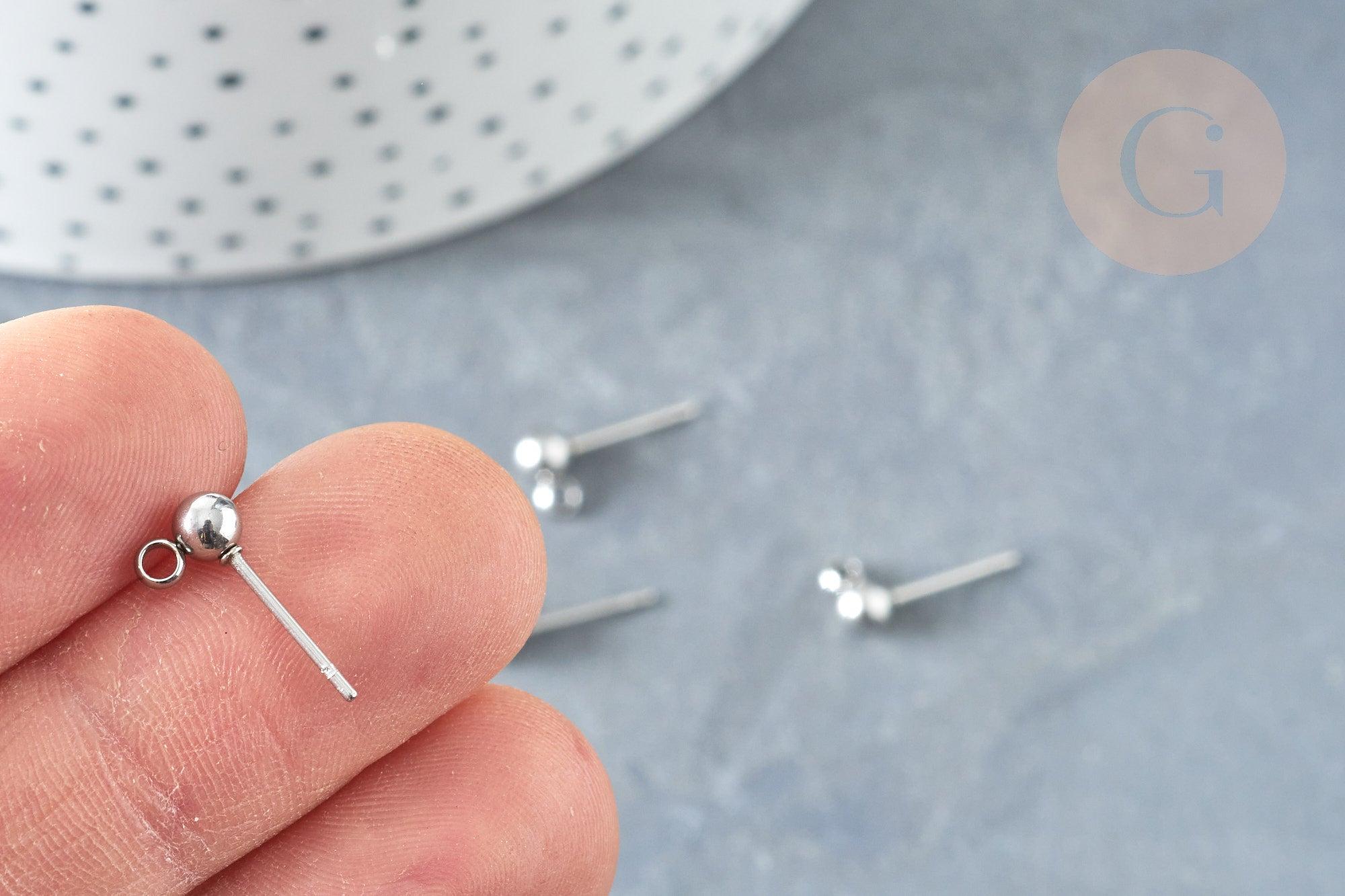Clous puces oreille boule acier 304 platine inoxydable anneau, x10 (G8150)