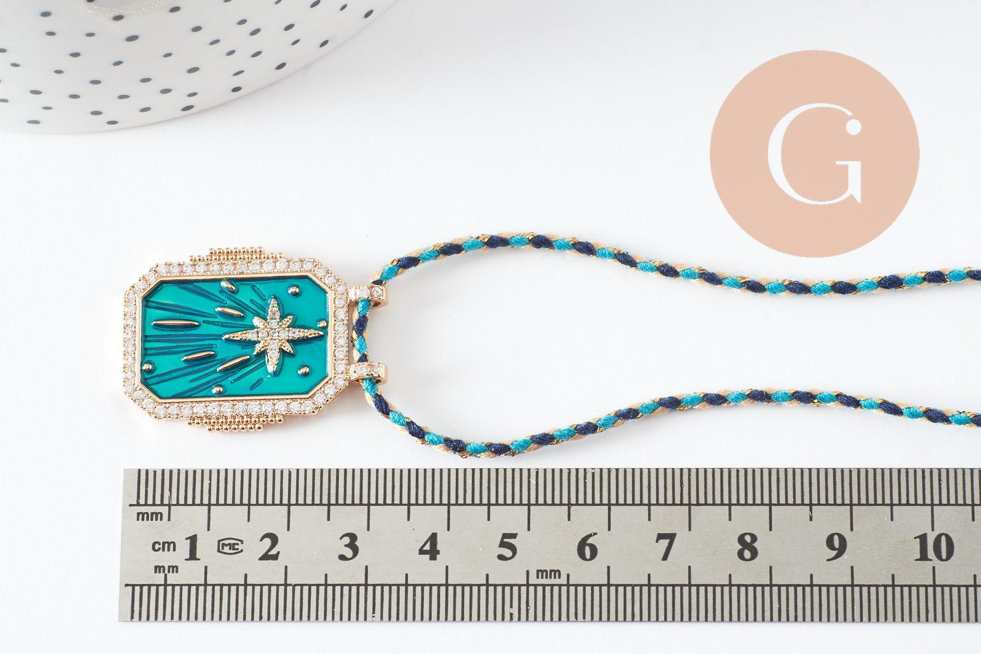 Collier médaille émaillée étoile turquoise zircon zamac doré, collier cordon tressé 45cm x1 (G9571)