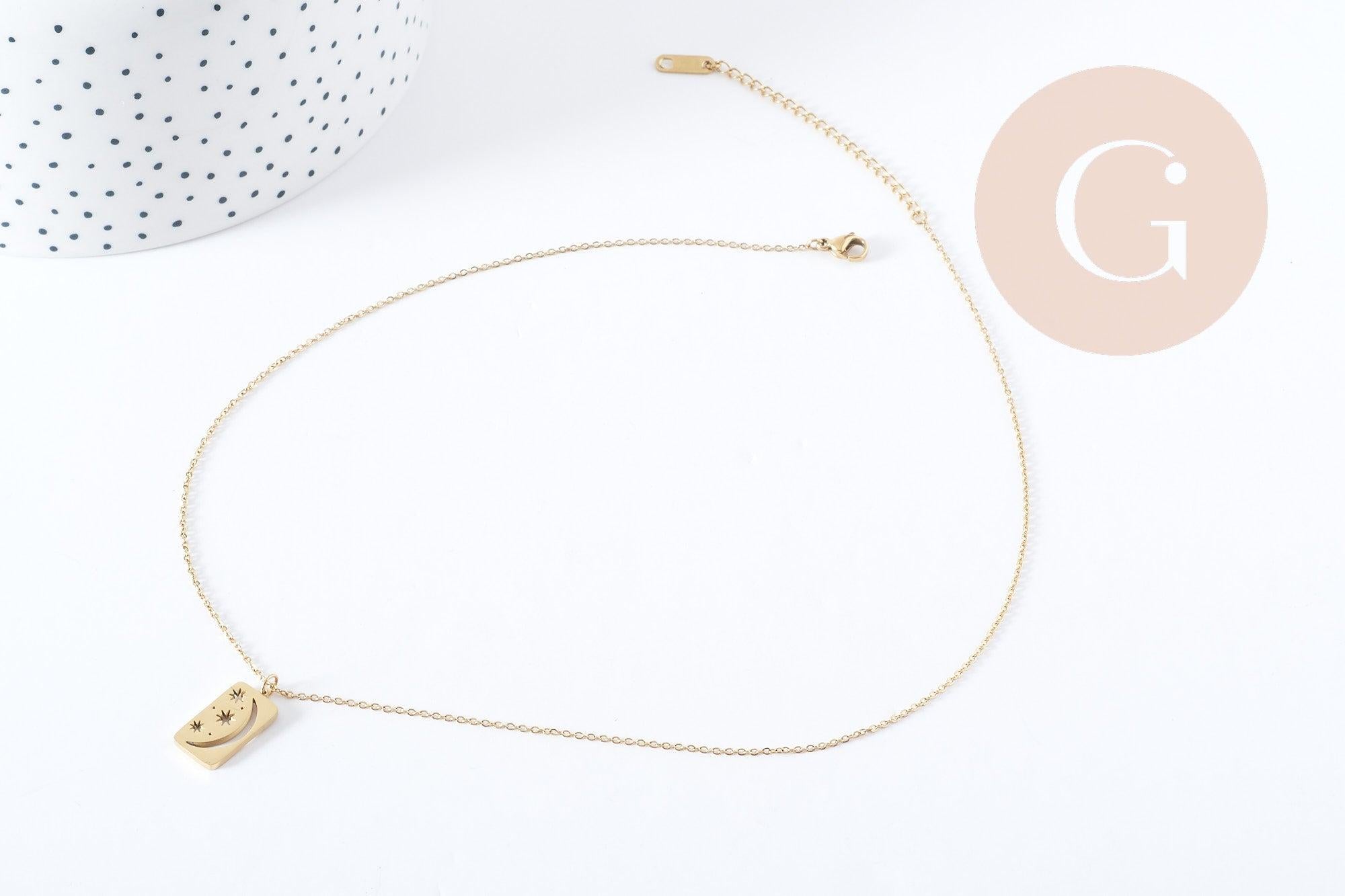 Collier médaille rectangle lune et étoiles acier 304 inoxydable doré 40cm, x1 (G9216)