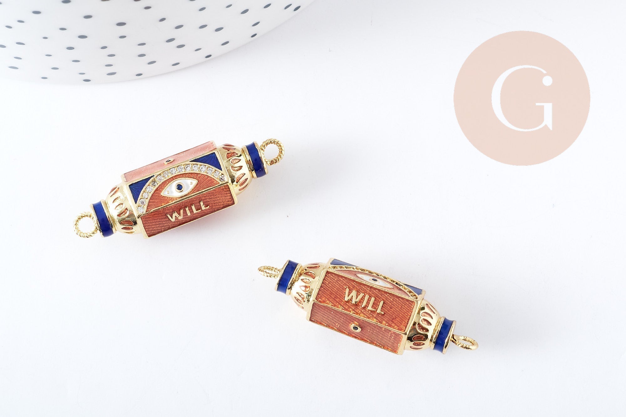 Connecteur tube talisman laiton doré 18K émaillé 37.5mm, x1 (G3540)