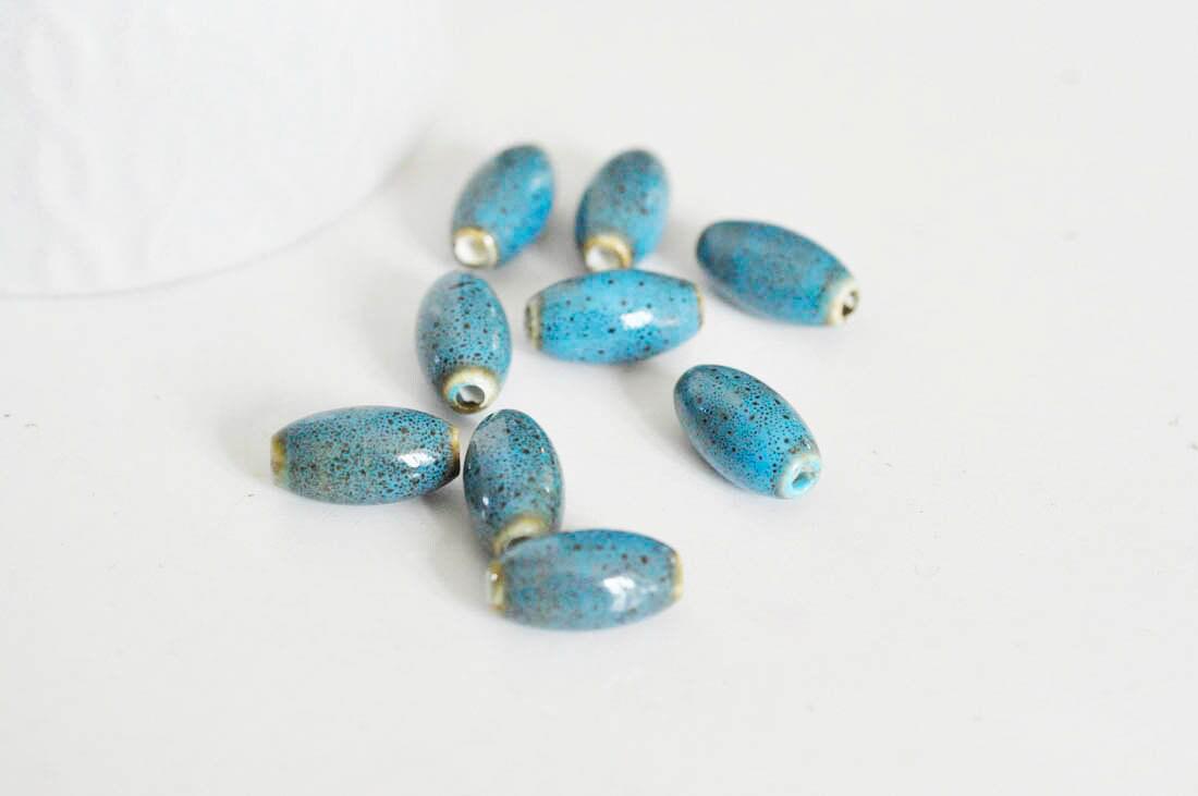 EP Perles ovales porcelaine bleue,perles céramique, porcelaine émaillée,perle ovales, création bijoux, 1.6cm, x5 G1948