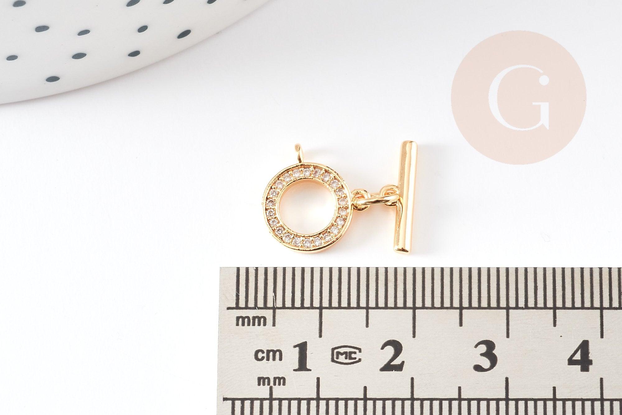 Fermoir T laiton doré 18k cristaux zircon 18mm, x1 (G5302)