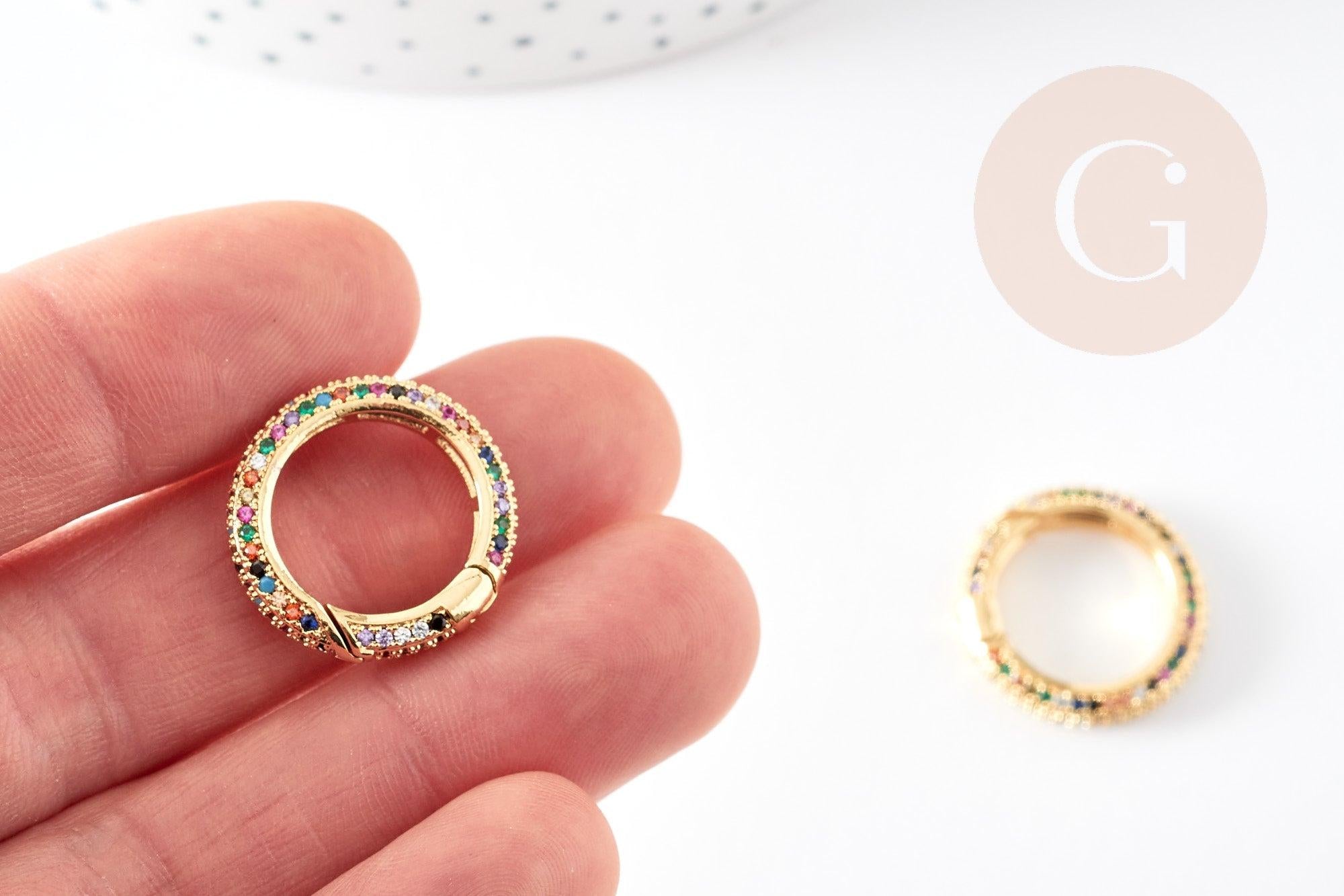 Fermoir à clapet rond laiton doré 16k zircon multicolore 21mm, x1 (G5641)
