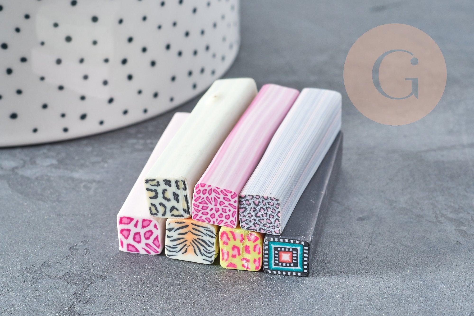 Lot canes polymère carrées mélangées 50mm motif animal, x5 (G8902)