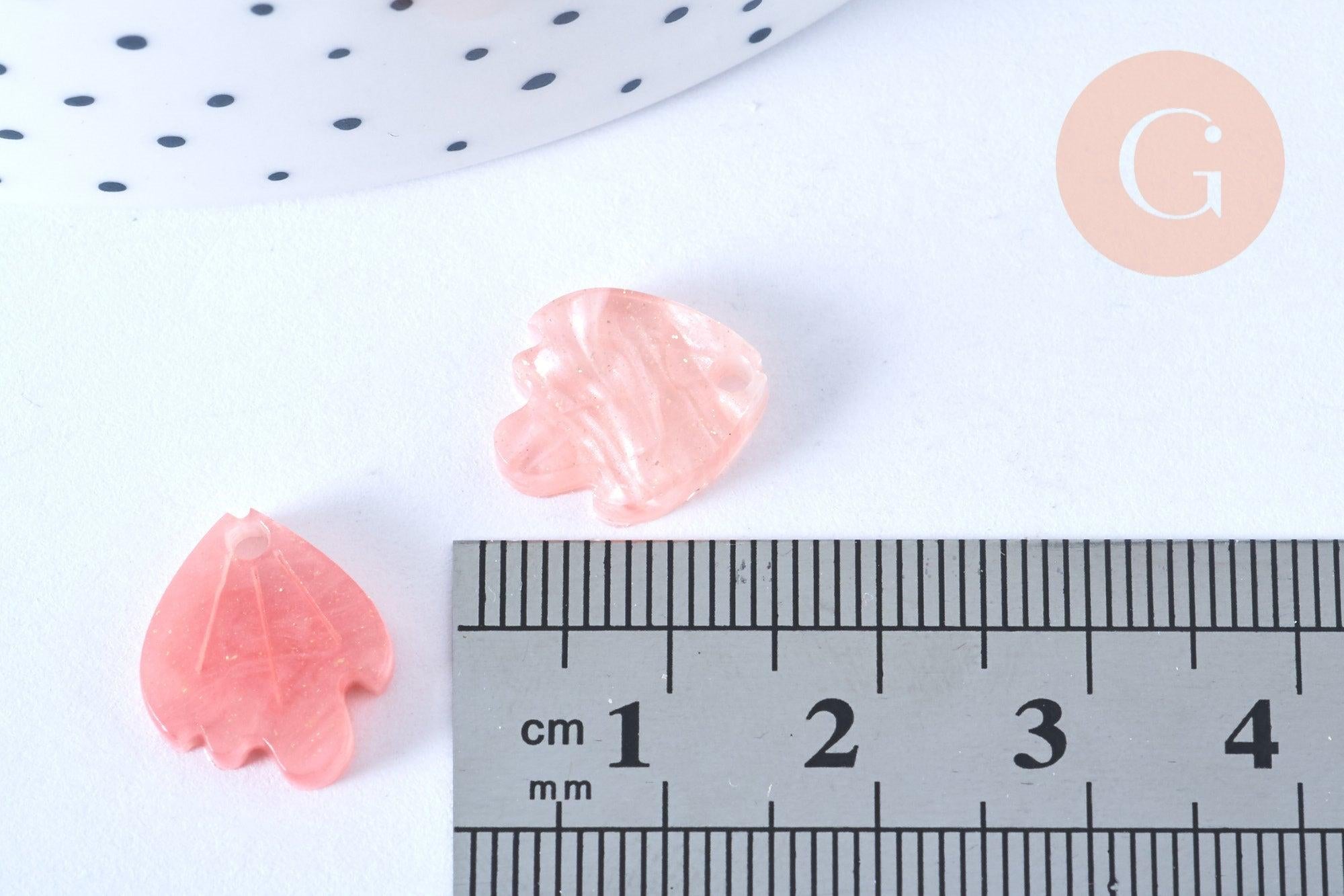 Pendentif acétate feuille rose paillettes, perles plastique,connecteur feuille plastique 15mm x10 (G4015)