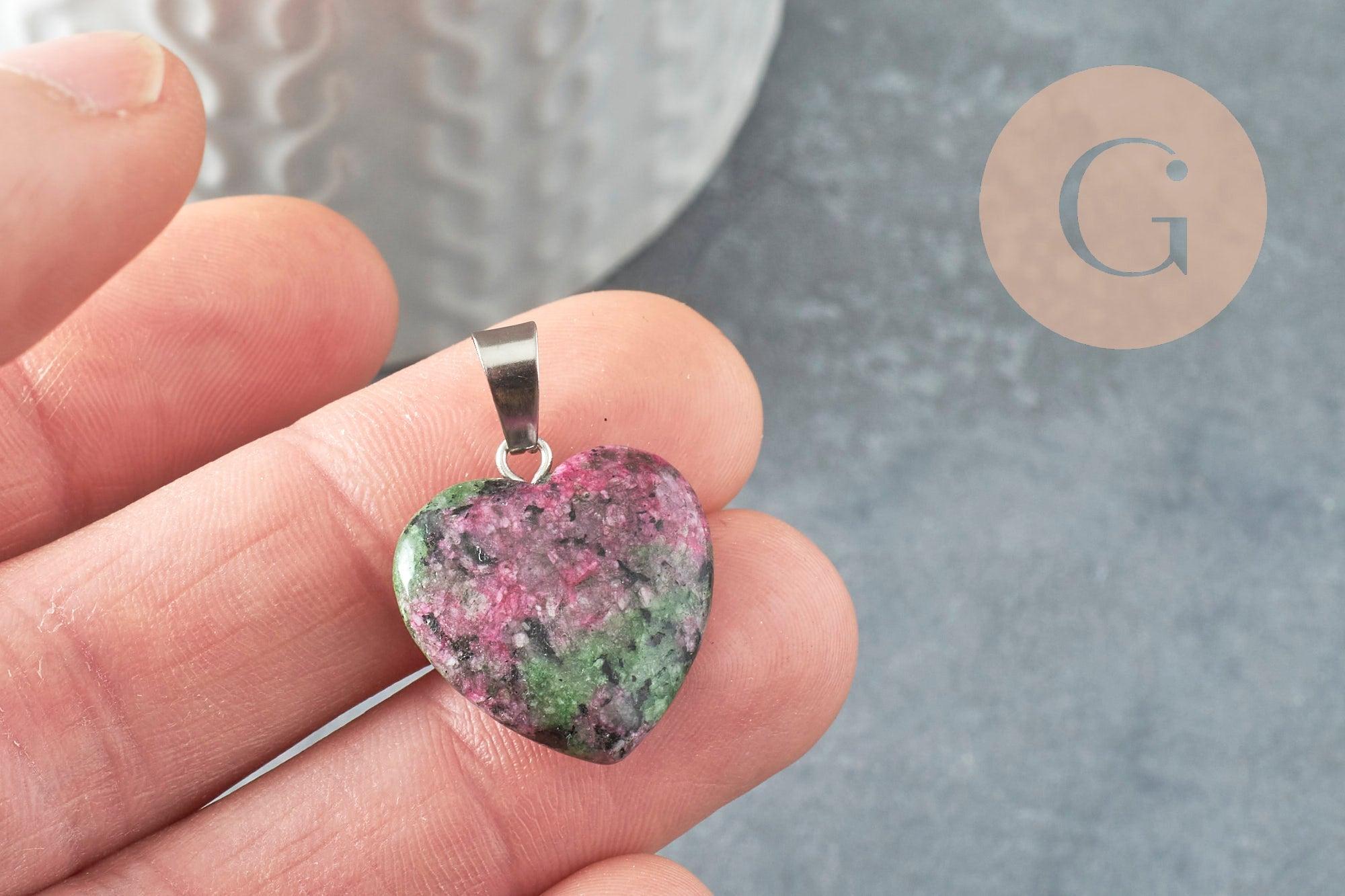 Pendentif coeur rubis zoisite naturel laiton platine 22mm, x1 (G2580)