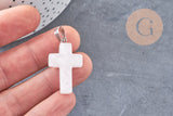 Pendentif croix cristal de roche acier inoxydable 29mm,pendentif pierre, support argent, création bijoux,quartz naturel, x1 (G5842)