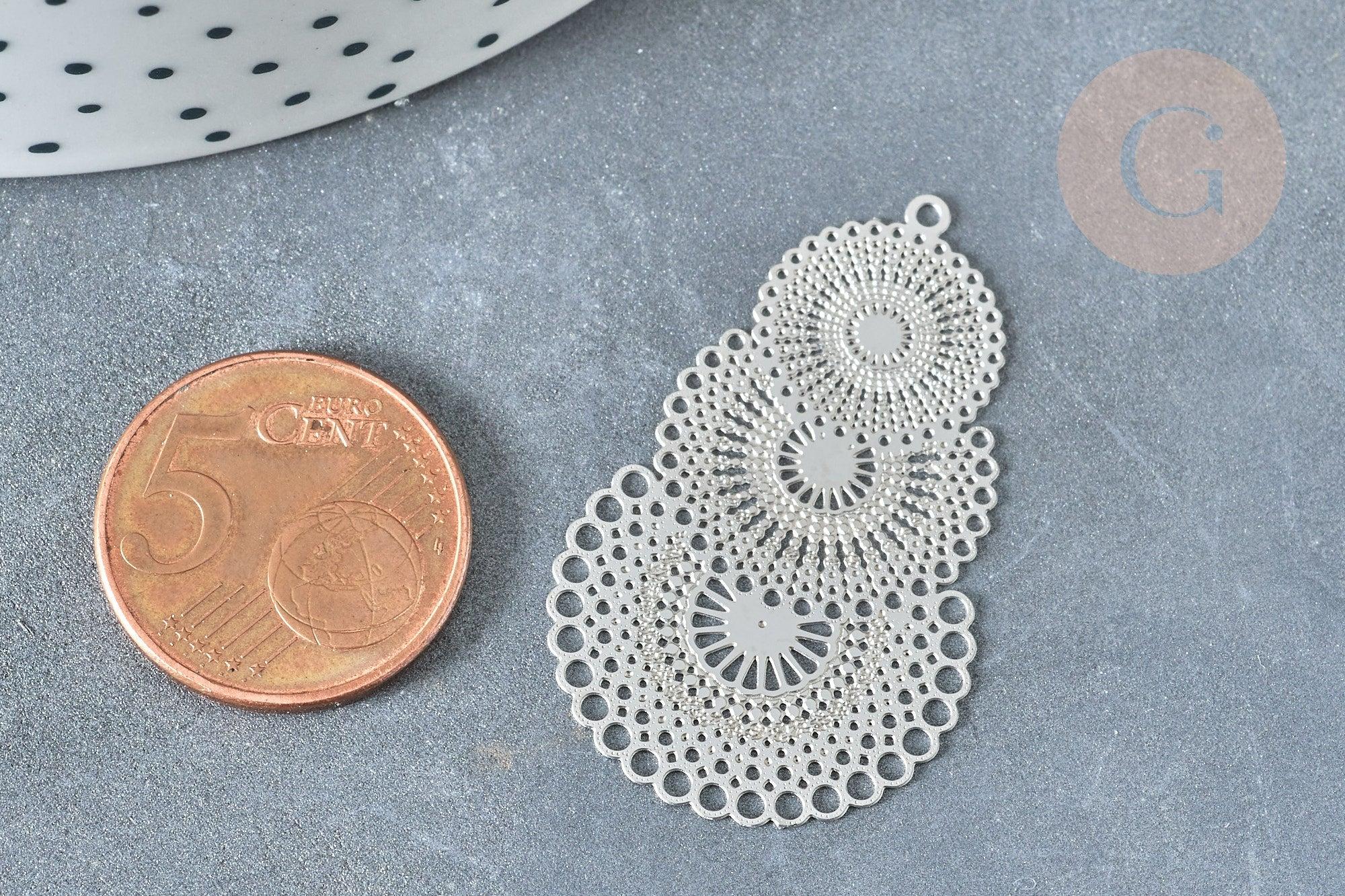 Pendentif estampe filigrane dentelle acier 201 inoxydable platine 40mm, x2 (G8014)