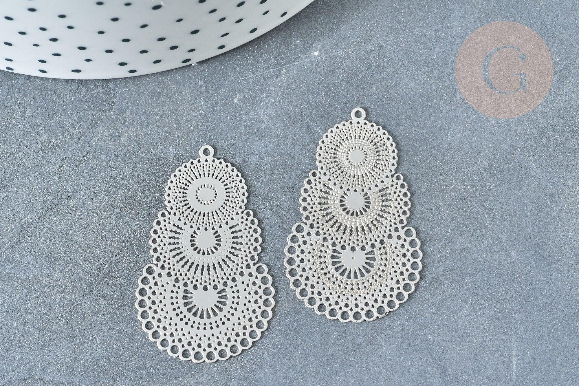 Pendentif estampe filigrane dentelle acier 201 inoxydable platine 40mm, x2 (G8014)