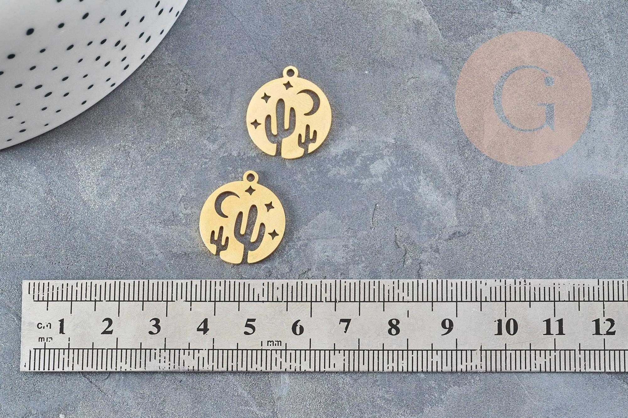 Pendentif médaille cactus étoiles acier doré 20.5mm, breloque acier inoxydable doré x1 (G6038)