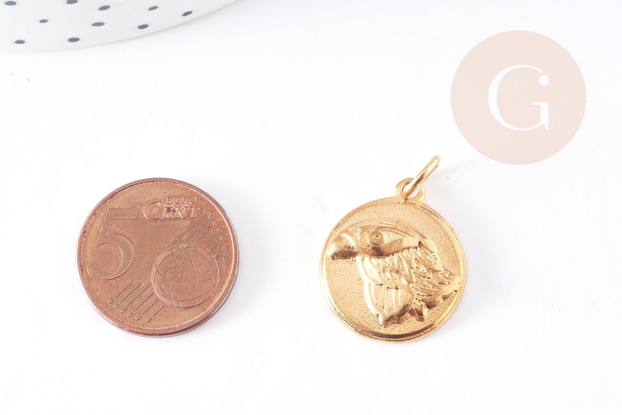 Pendentif médaille ronde aigle acier inoxydable doré,pendentif doré sans nickel,médaille or,2.2cm,x1 (G4056)