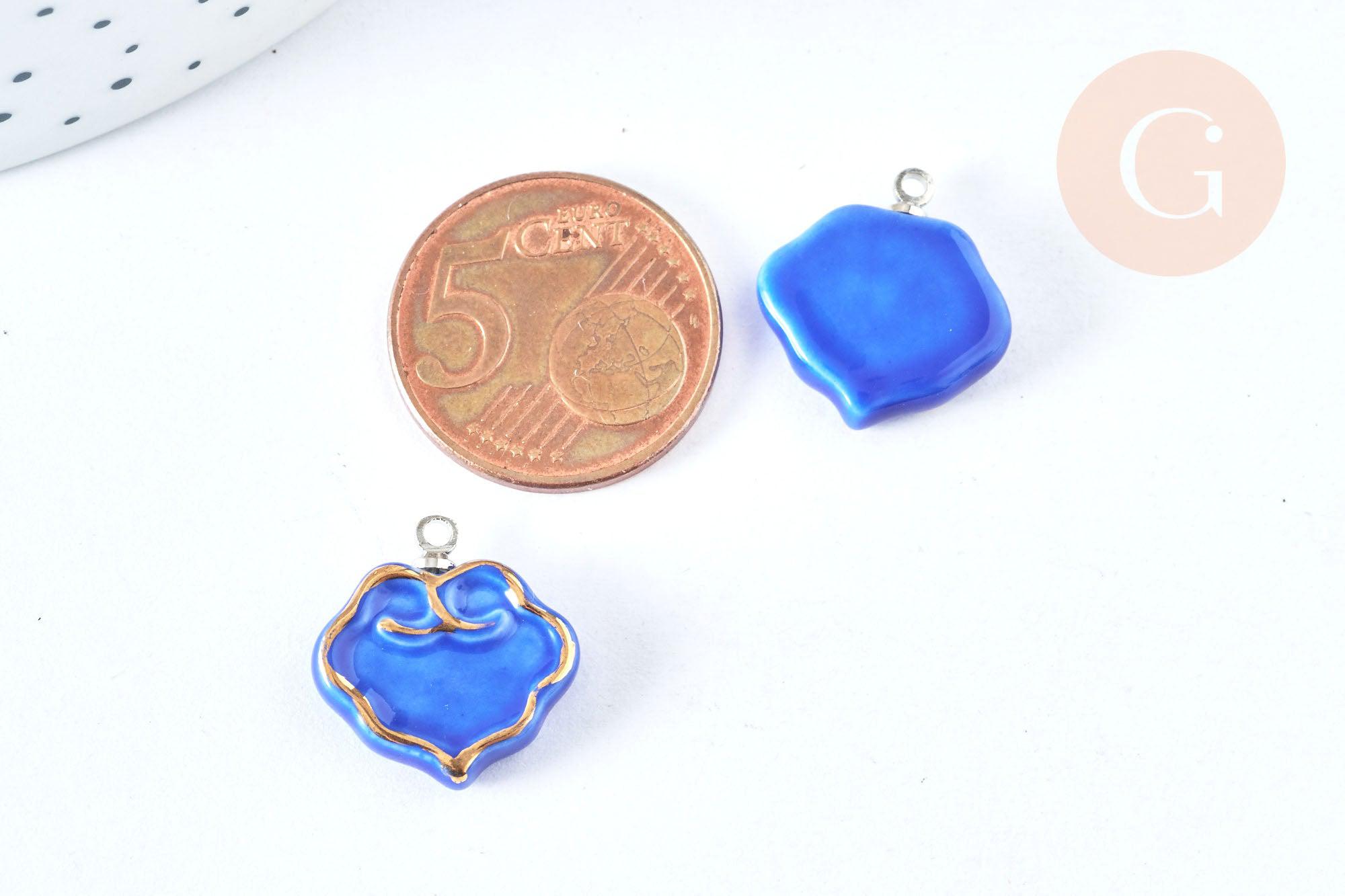 Pendentif nuage bleu porcelaine laiton Platine 17-18mm, pendentif porcelaine pour fabrication bijoux DIY, x1 (G7149)