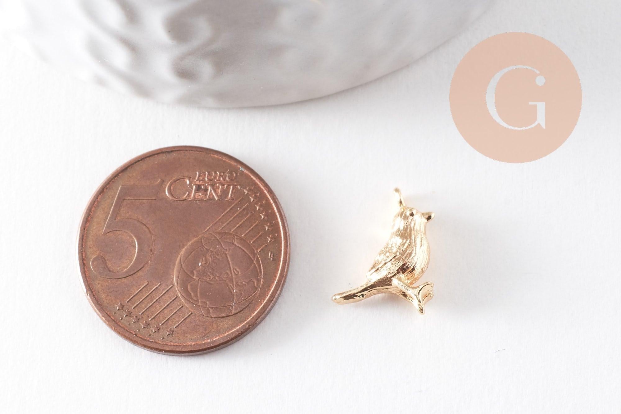 Pendentif oiseau laiton doré 18K 12.5mm, pendentif doré 18K création bijou animal, x2 (G10046)