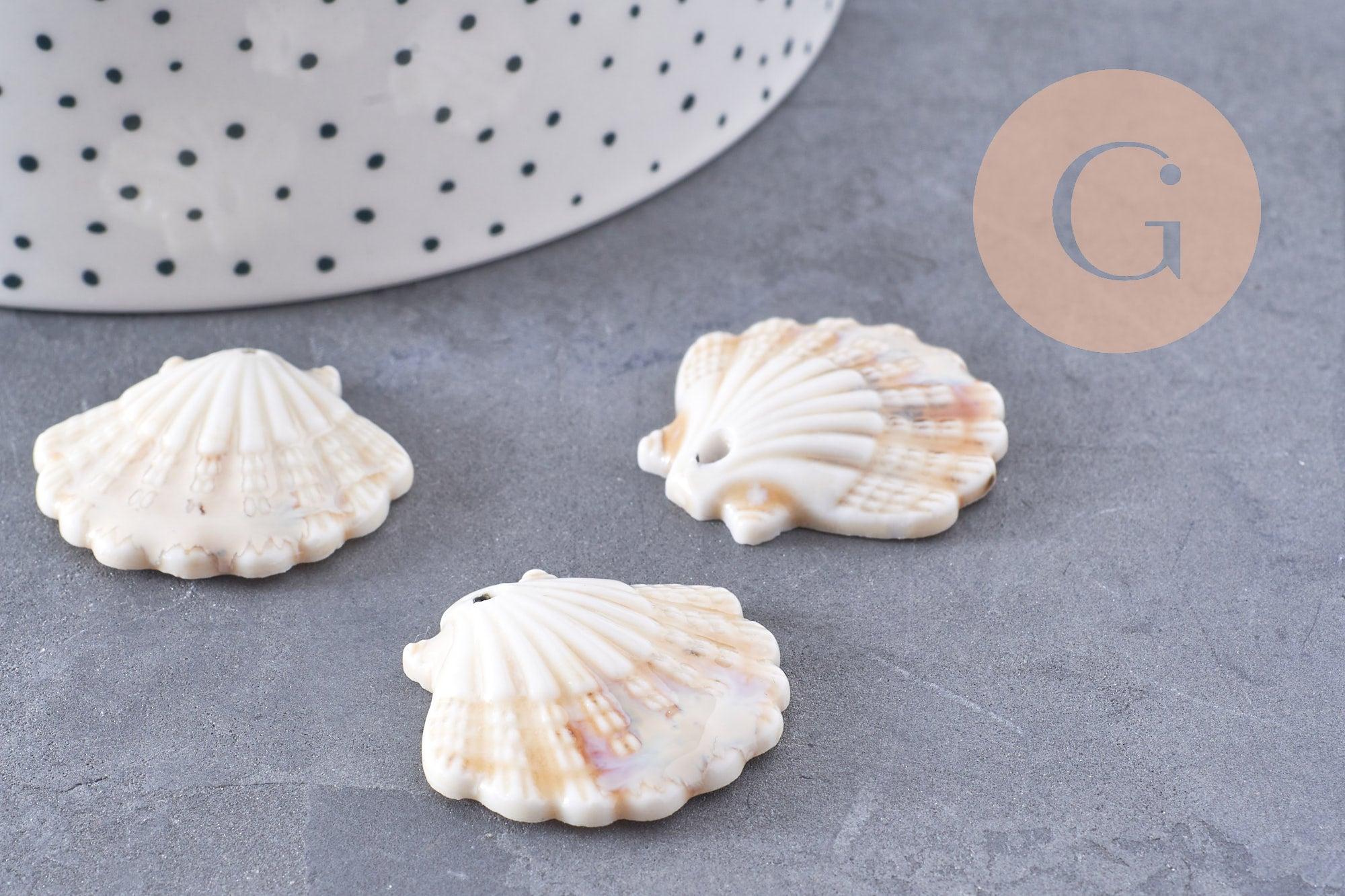 Pendentif porcelaine beige coquillage 30MM, perle céramique géométrique fabrication bijoux céramique blanche, x1 (G3310)