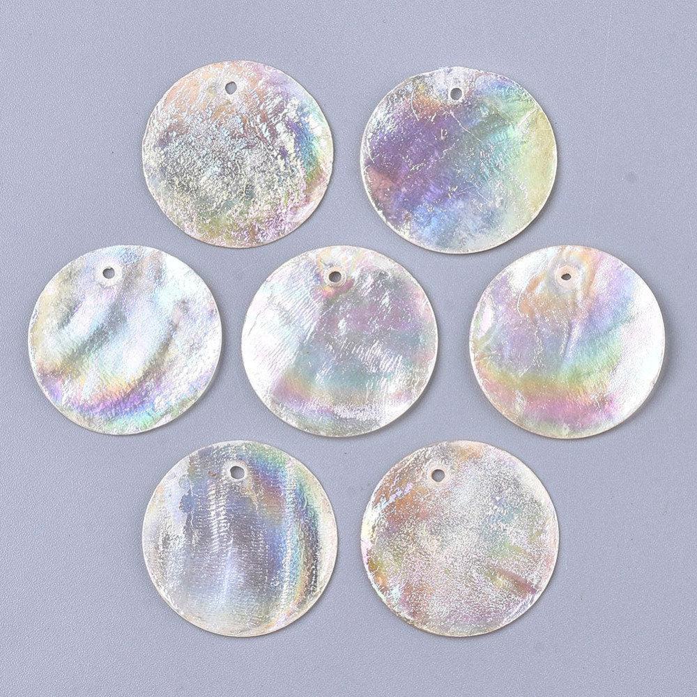 Pendentif rond nacre naturelle blanche irisé 25mm, x10 (G3010)