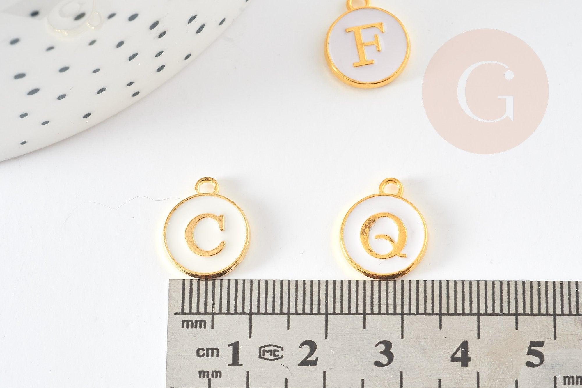 Pendentif rond zamac doré initiale alphabet émail blanc 14mm, x1 (G2522)