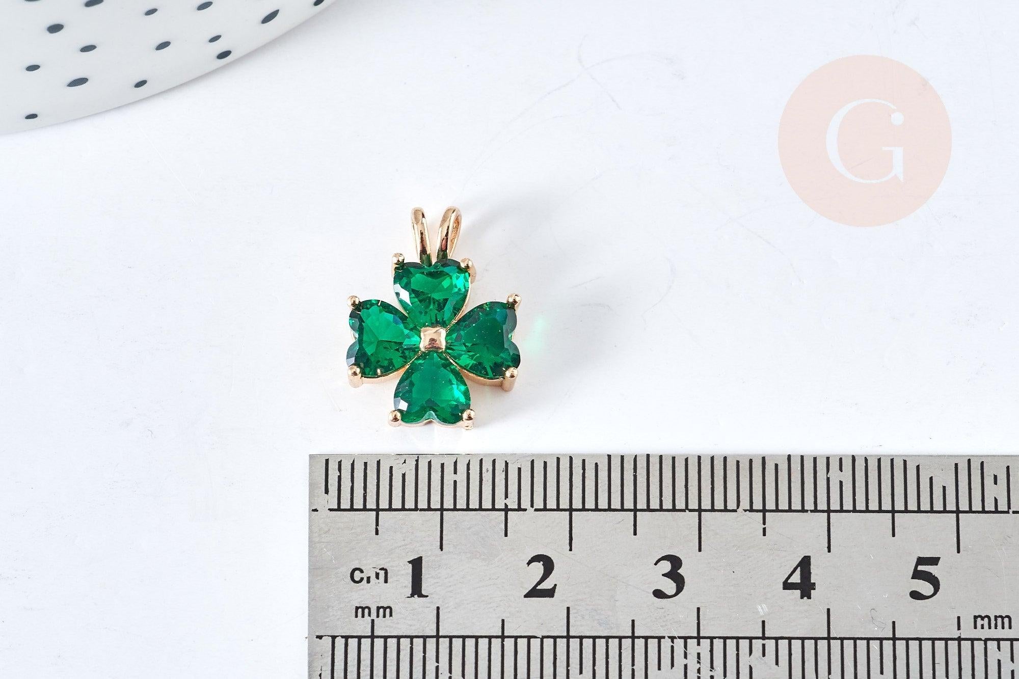 Pendentif trèfle 4 feuilles laiton doré 18K zircons vert 18.5mm, x1 (G8403)