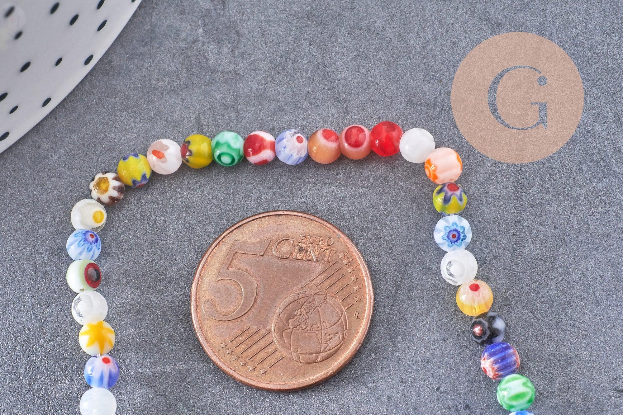 Perles rondes verre millefiori artisanal 4mm, x1 fil de 38cm (G5874)