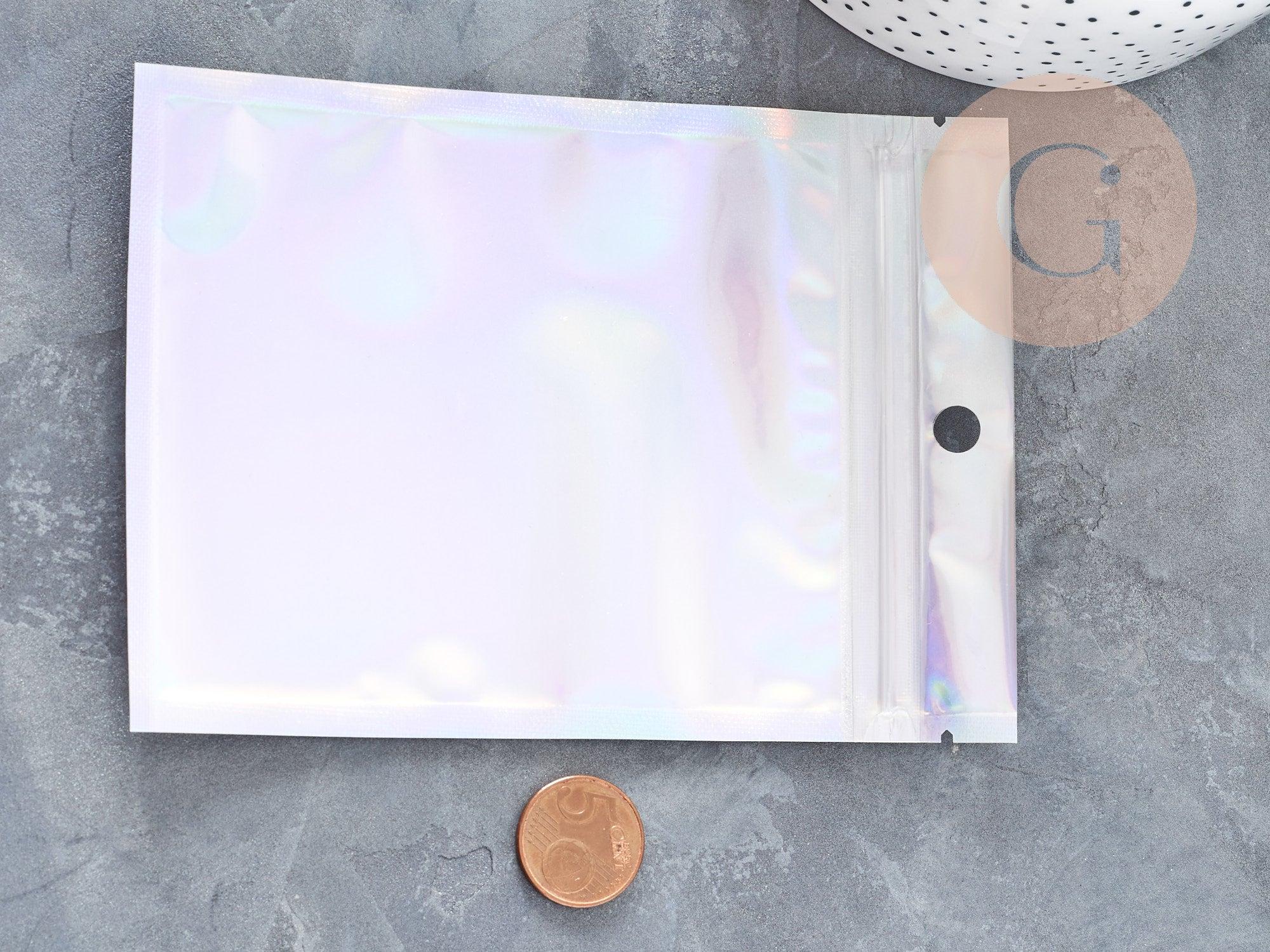 Sacs zippé plastique rectangle gris holographique 14.9x10.5cm, x5 (G8757)