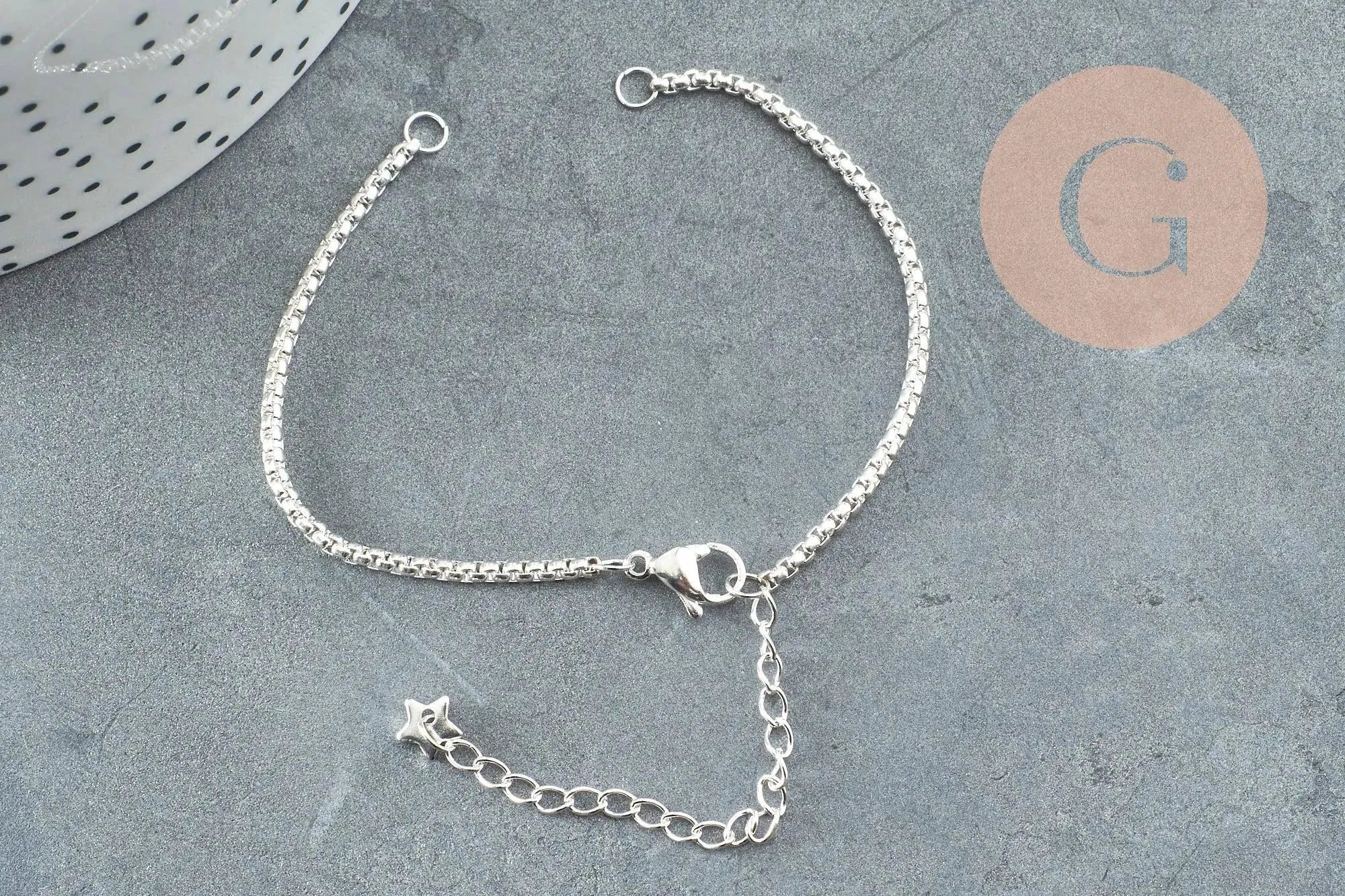 Base de bracelet chaine vénitienne acier 304 inoxydable platine 15.5cm, x1 (G9448)