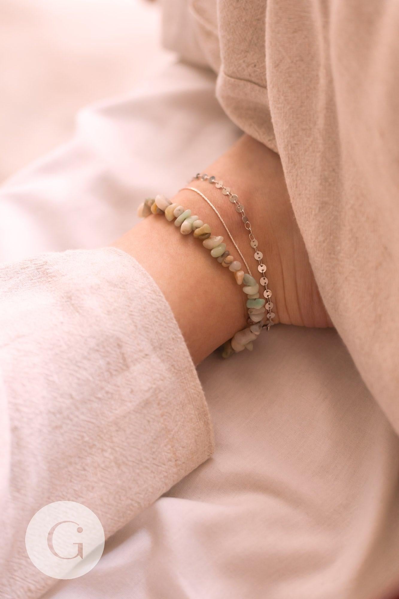 Bracelet de cheville perles amazonite naturelle laiton et acier inoxydable platine 21.5cm, x1 (G7792)