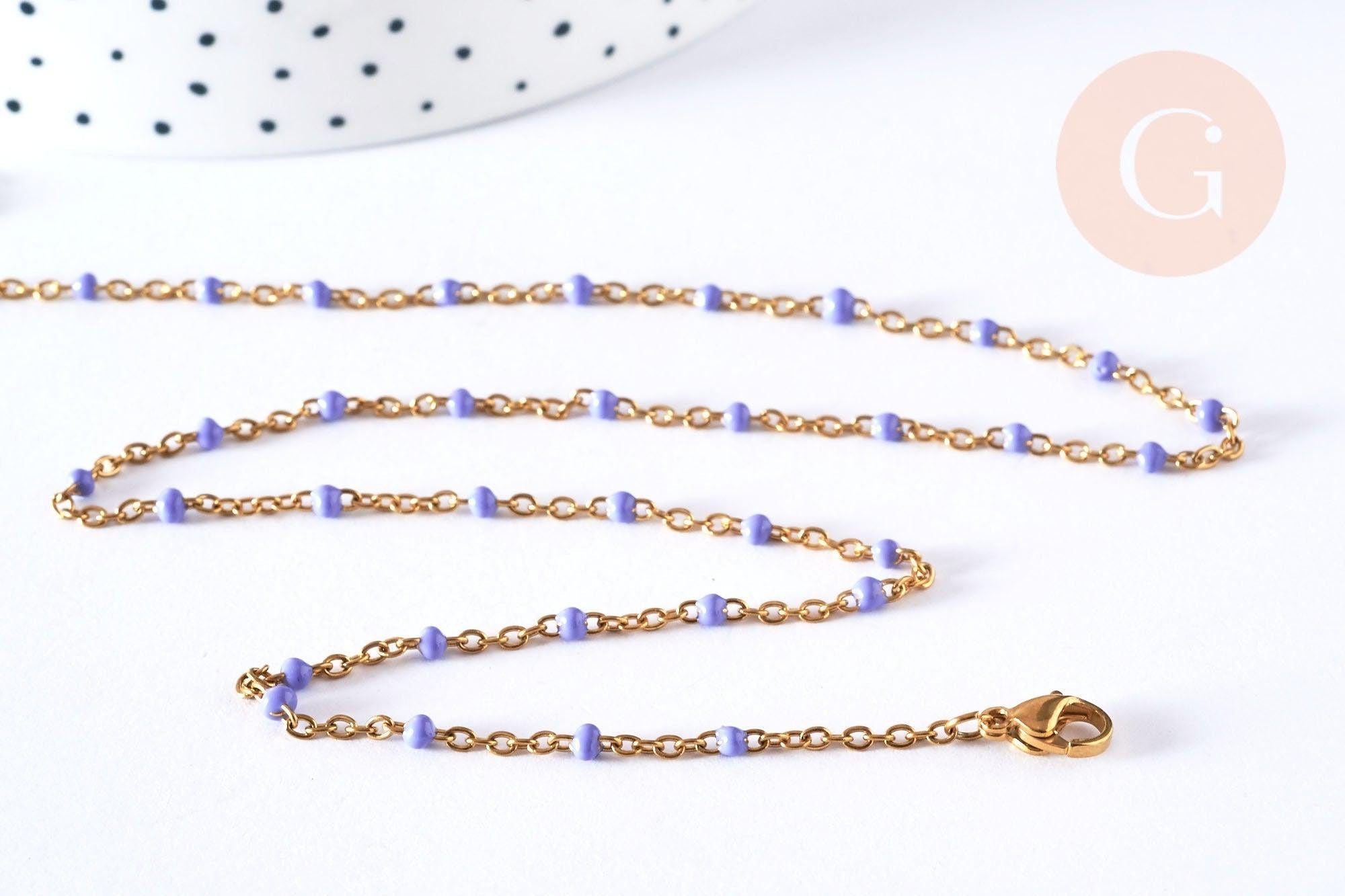 Bracelet ou collier acier doré 14k résine lilas 1.5mm-20.5cm, x1 (G3598)