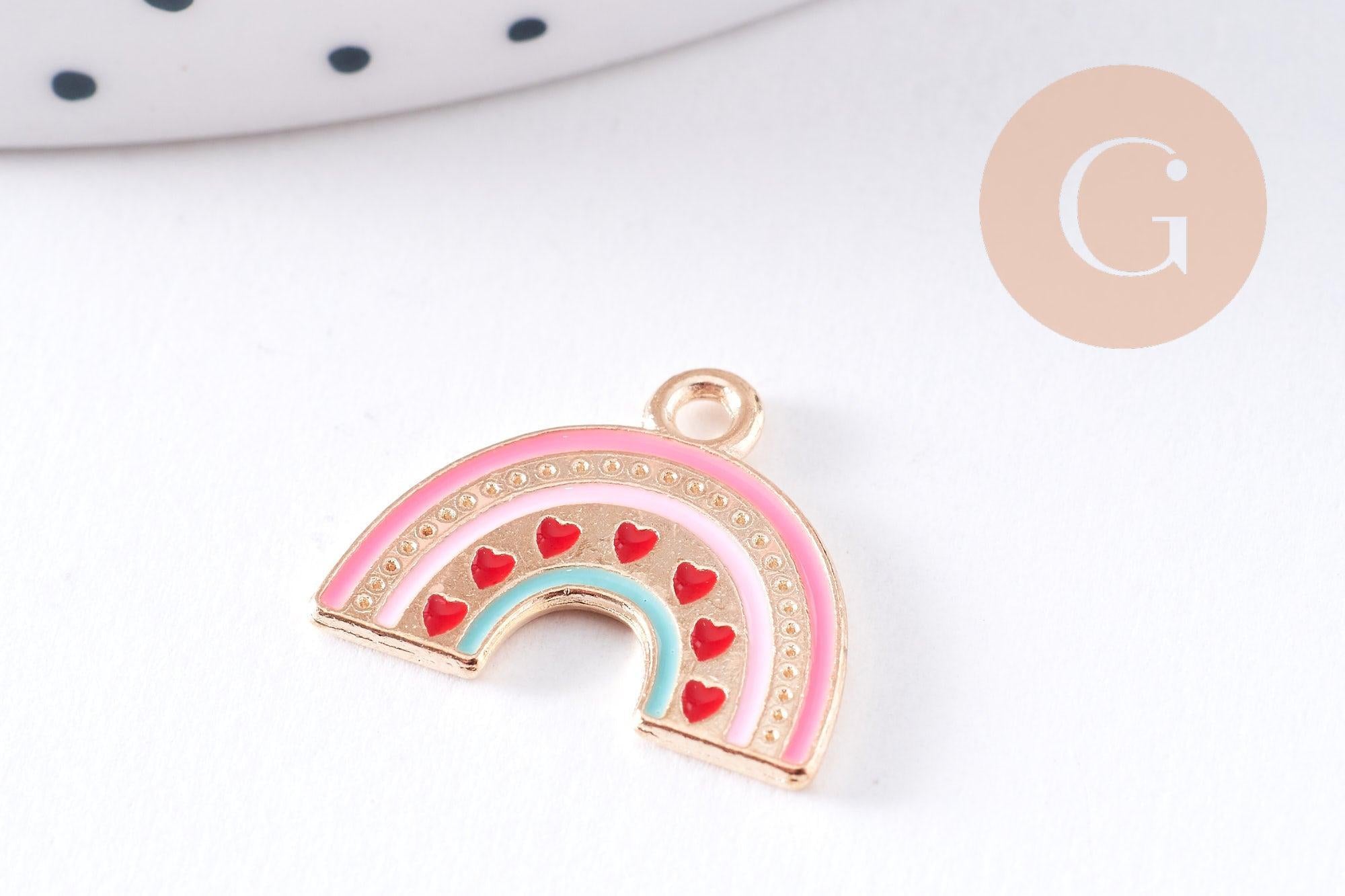 Breloque arc-en-ciel émail rose zamac doré 17.9mm, x2 (G10620)