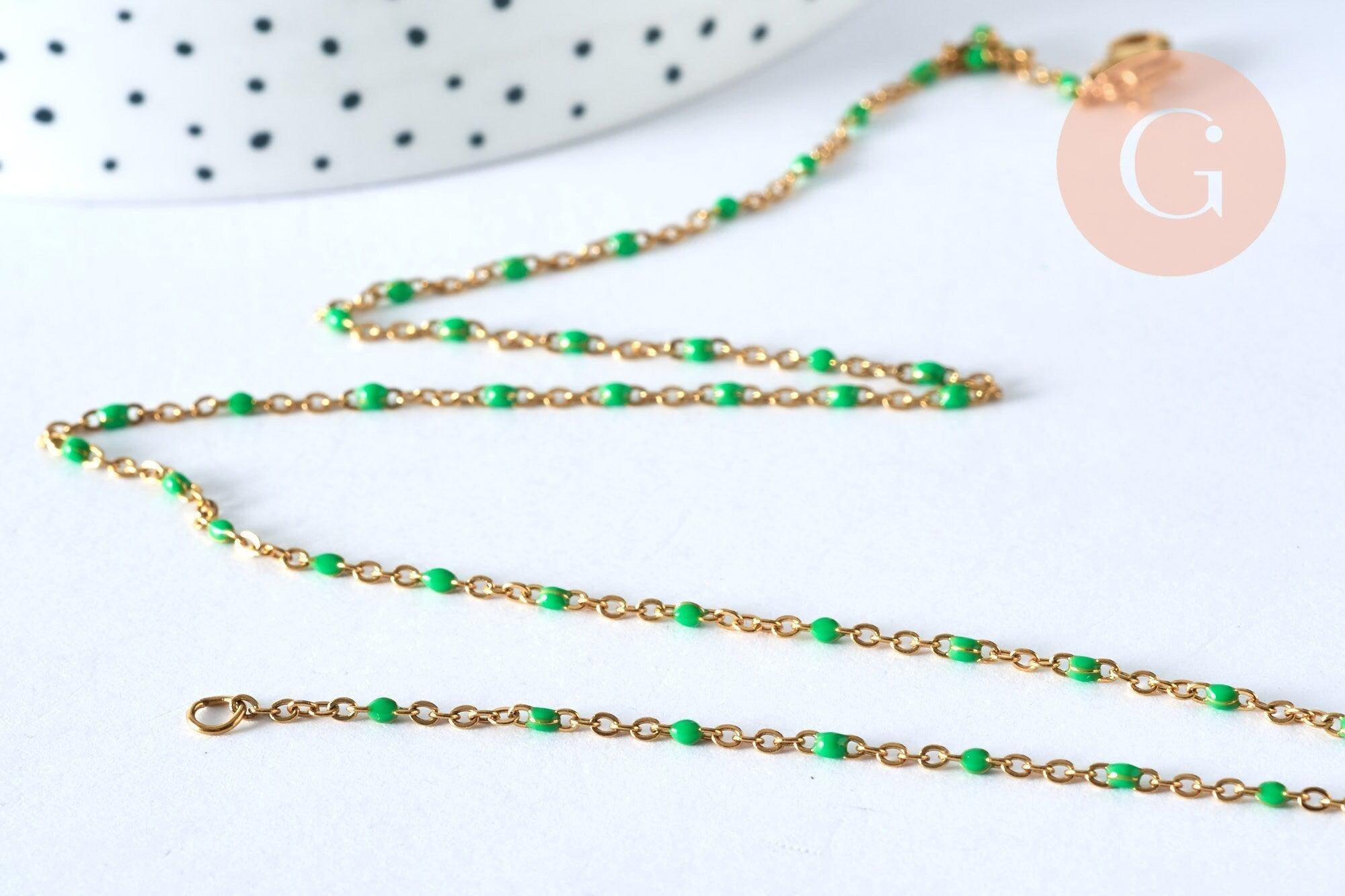 Collier Chaine acier dorée 14k résine colorée vert,chaine collier, fantaisie, chaine complète,2mm, 45cm, x1 G2417