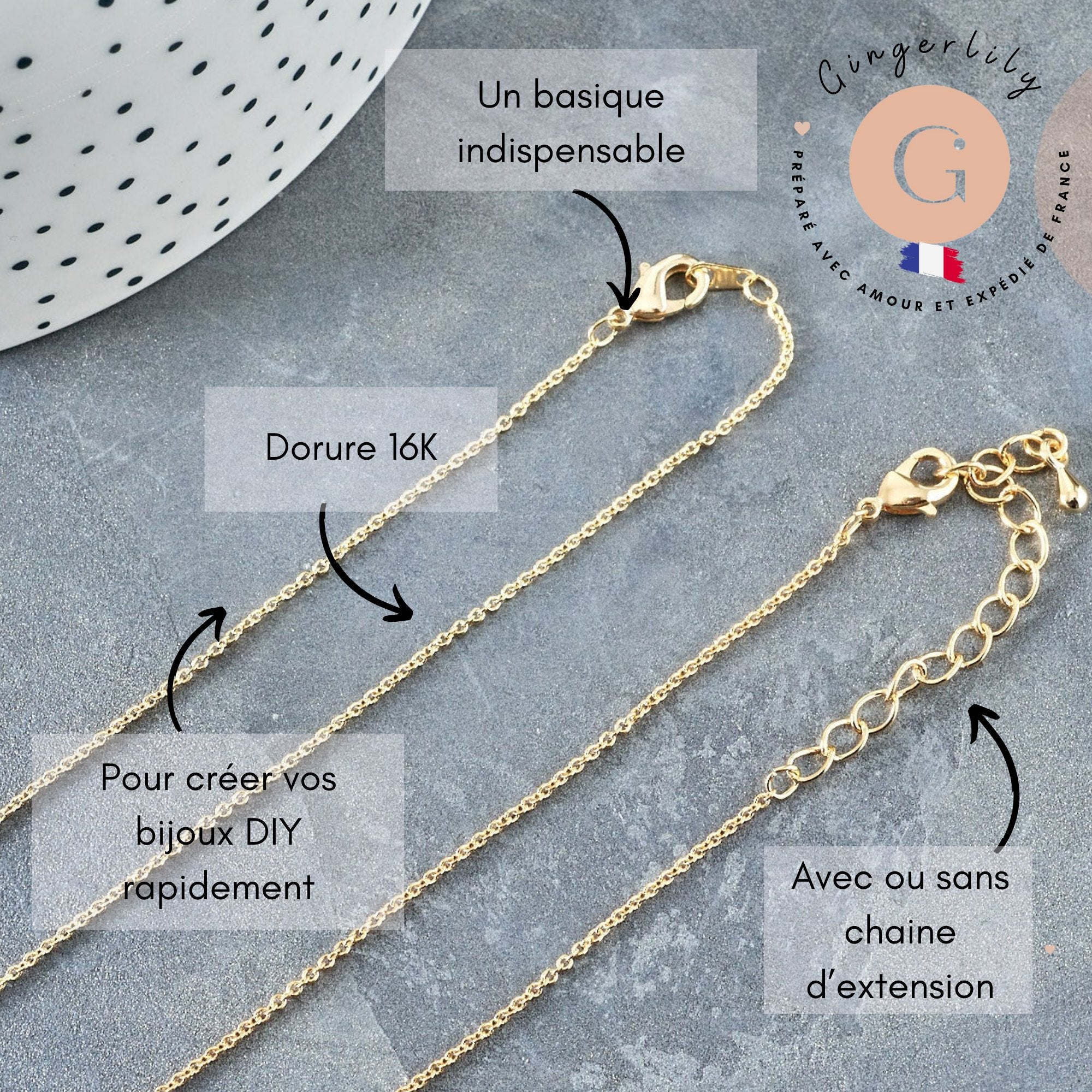 Collier Chaine avec fermoir fine dorée forçat 16K 2.5 microns 1.5mm - 45/50cm x1 (G1898)