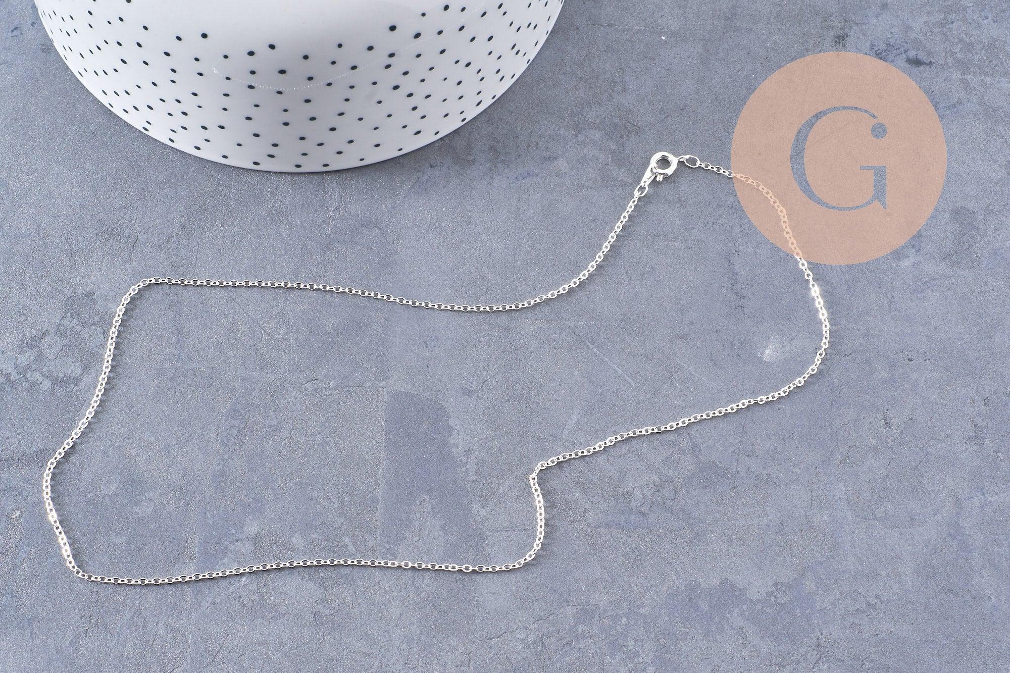 Collier Chaine complète avec fermoir laiton argenté forçat 2mm-40cm, x1 (G0574)