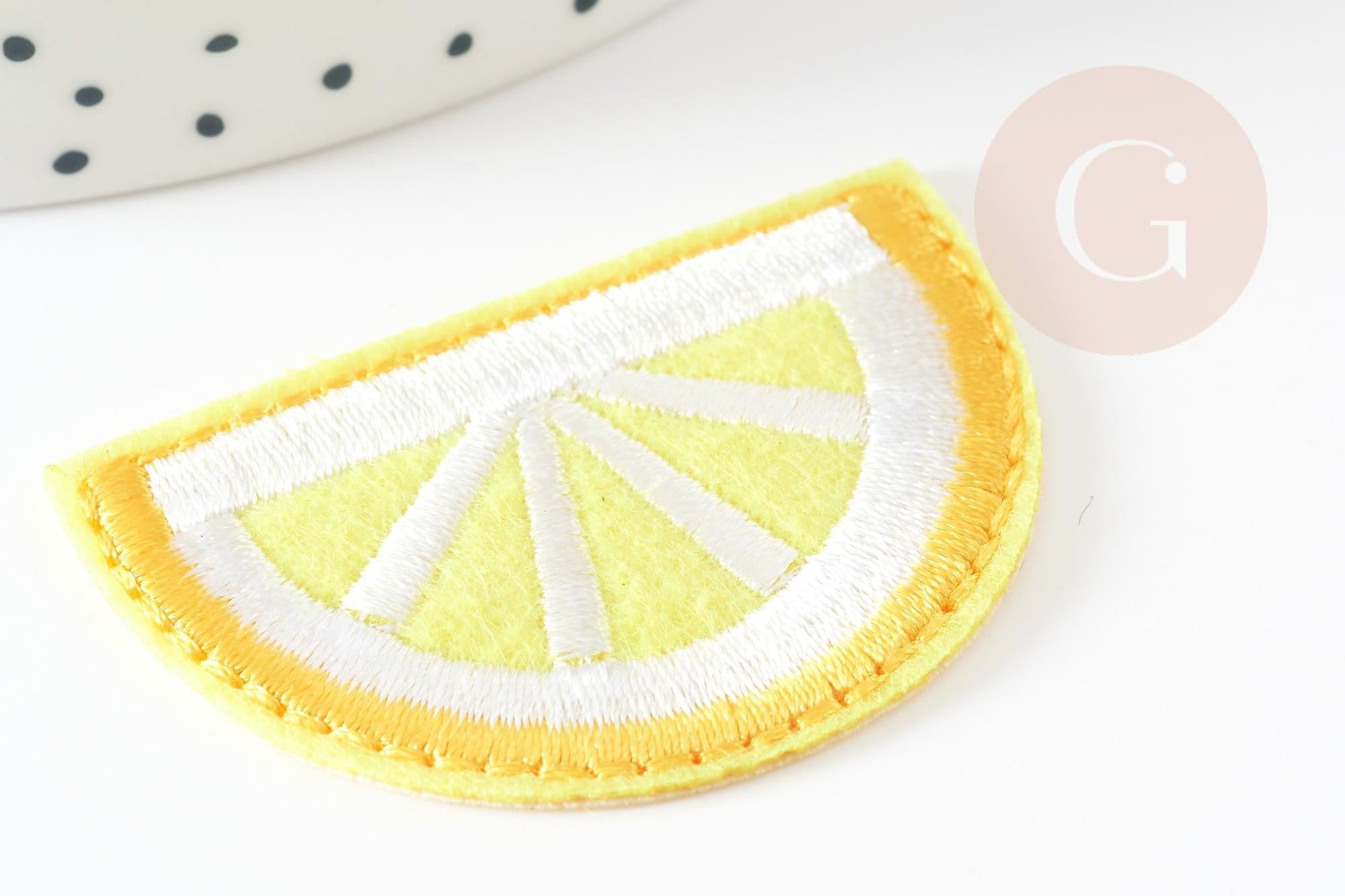 Ecusson brodé à repasser citron jaune customisation vêtement 46.5mm, écusson thermocollant fruit,patch brodé, x2 G8764