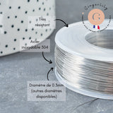 Fil d'acier inoxydable platine argenté 0.3mm, x1 Mètre (G8096)