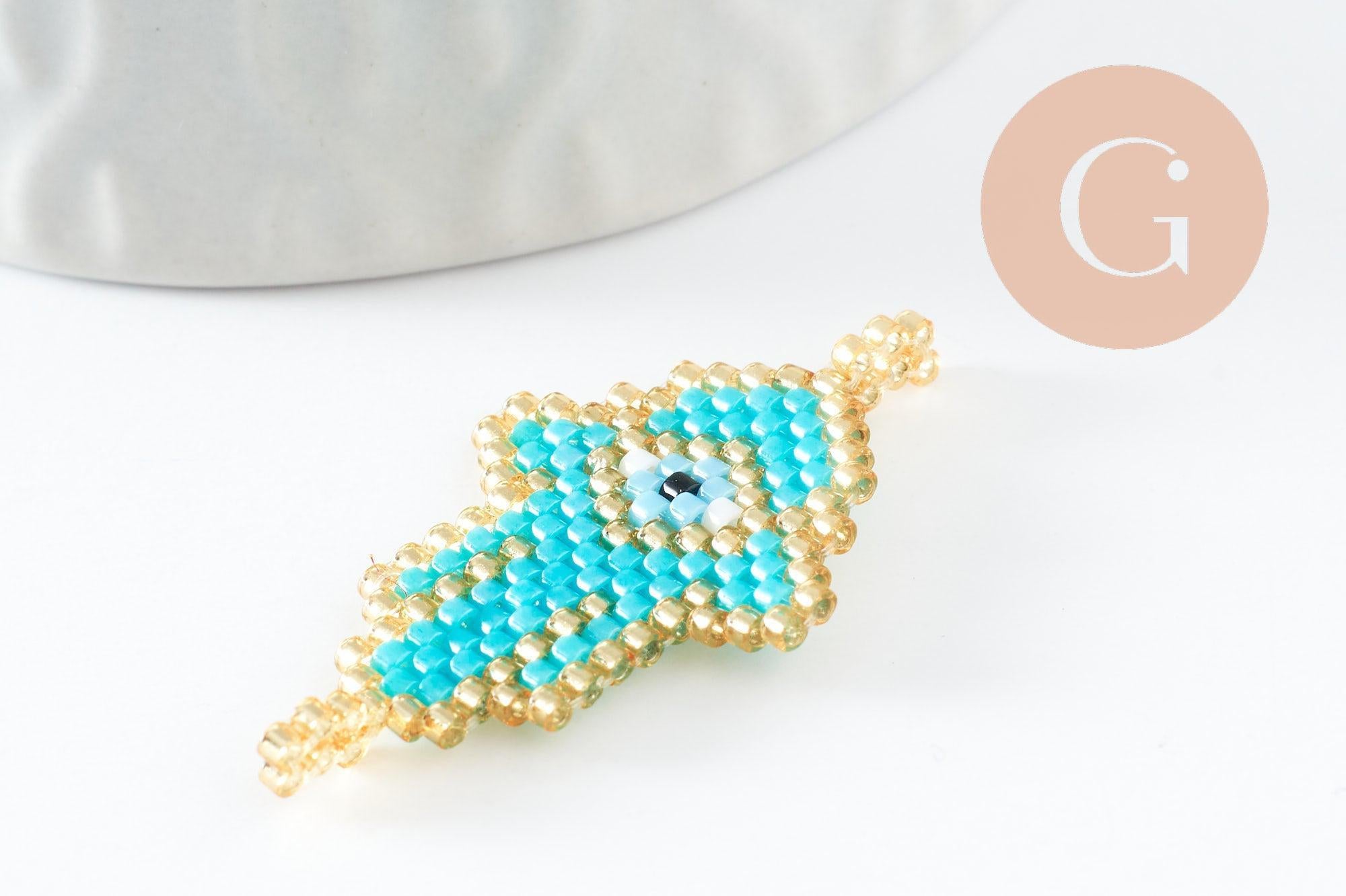 Pendentif connecteur main oeil protecteur rocaille MIYUKI TOHO turquoise or 37mm, x1 (G5725)