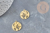 Pendentif médaille cactus étoiles acier doré 20.5mm, breloque acier inoxydable doré x1 (G6038)