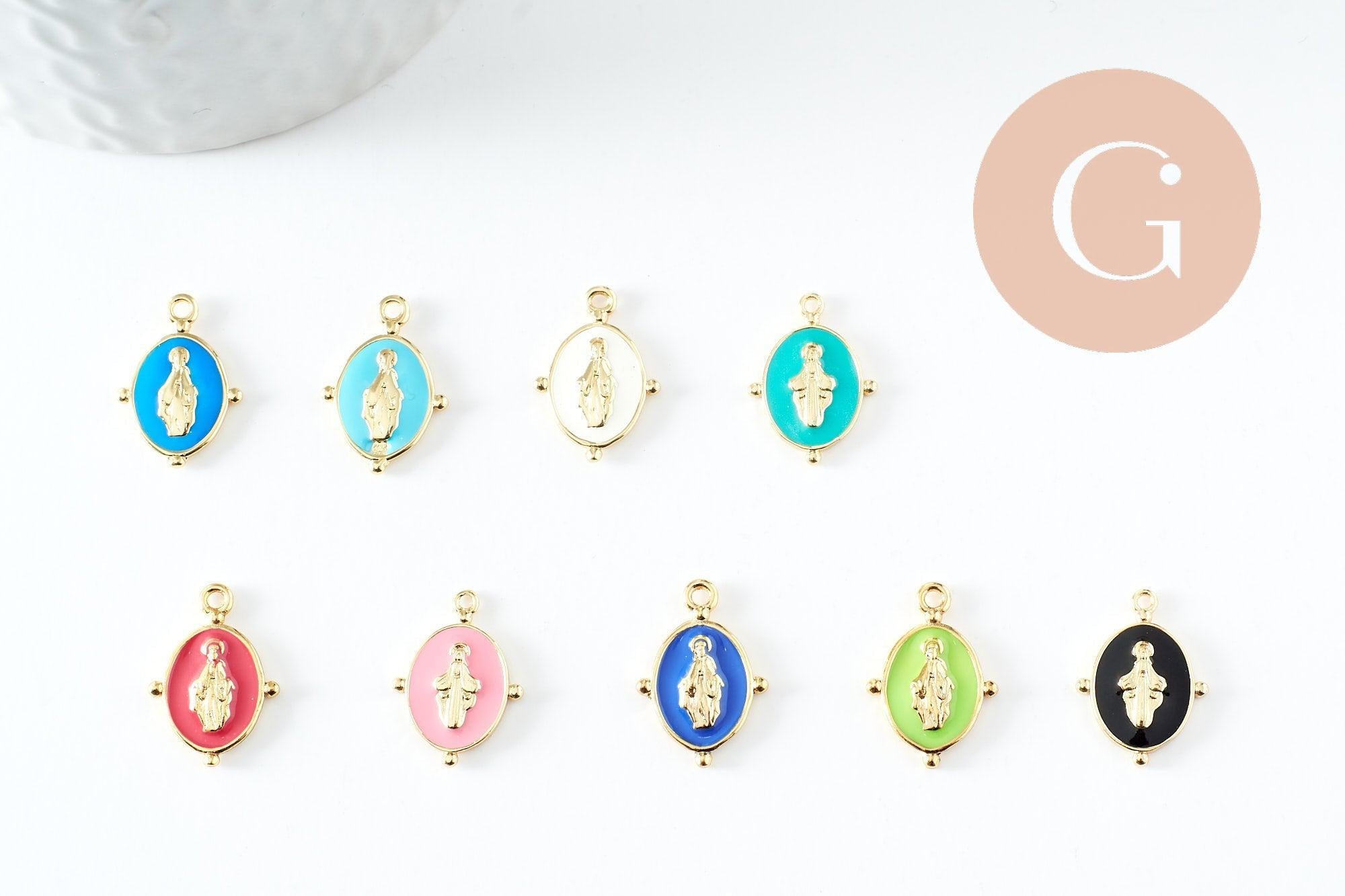 Pendentif médaille ovale Vierge Marie laiton doré émail pastel 18.5mm x1 (G2940)