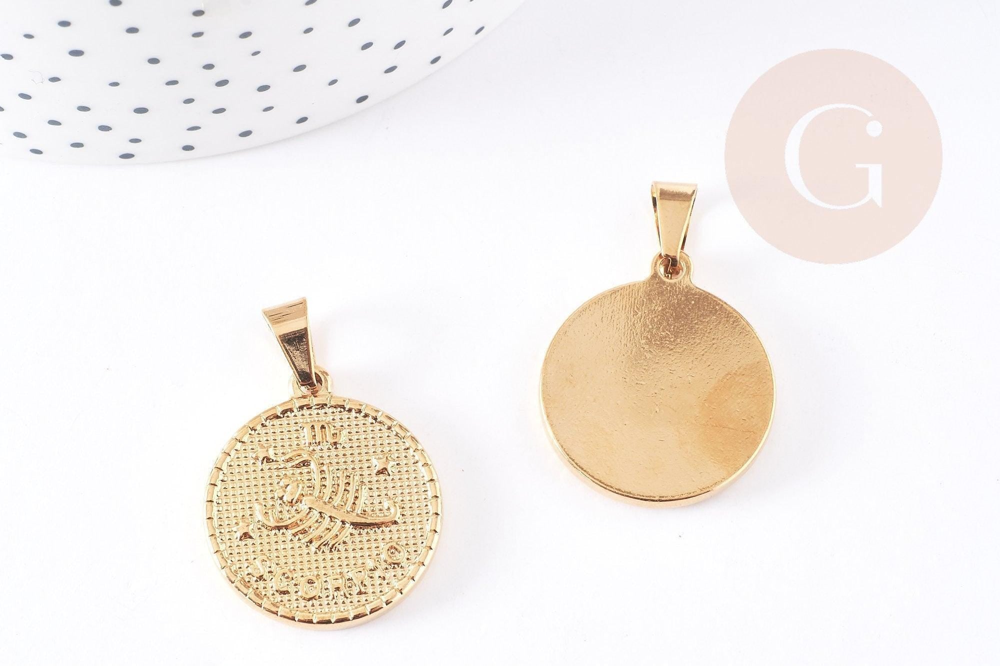 Pendentif médaille ronde Scorpion acier 304 inoxydable doré à graver 29mm, x1 (G0816)
