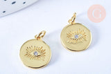 Pendentif médaille ronde oeil laiton doré zircon 15mm, x1 (G3179)